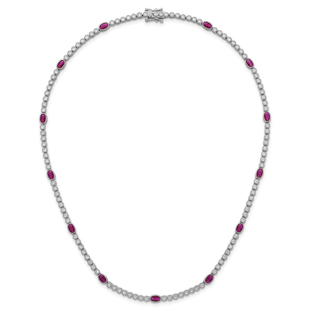 Sterling Silver Rhodium-plated Polished and Beaded Fancy Oval Red and Round White CZ 17 Inch Necklace