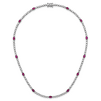 Sterling Silver Rhodium-plated Polished and Beaded Fancy Oval Red and Round White CZ 17 Inch Necklace