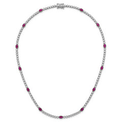 Sterling Silver Rhodium-plated Polished and Beaded Fancy Oval Red and Round White CZ 17 Inch Necklace