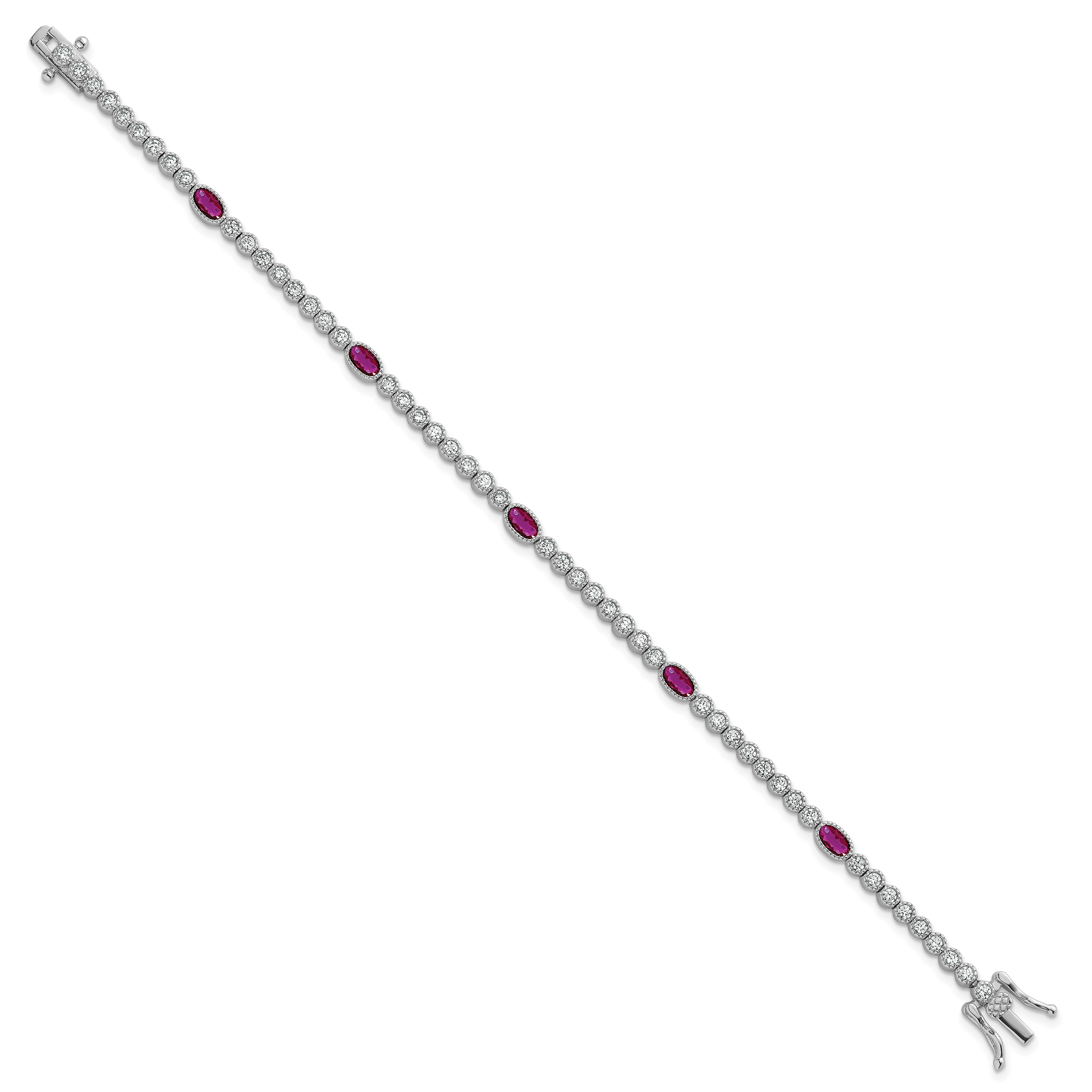 Sterling Silver Rhodium-plated Polished and Beaded Fancy Oval Red and Round White CZ 7 Inch Bracelet Secondary image