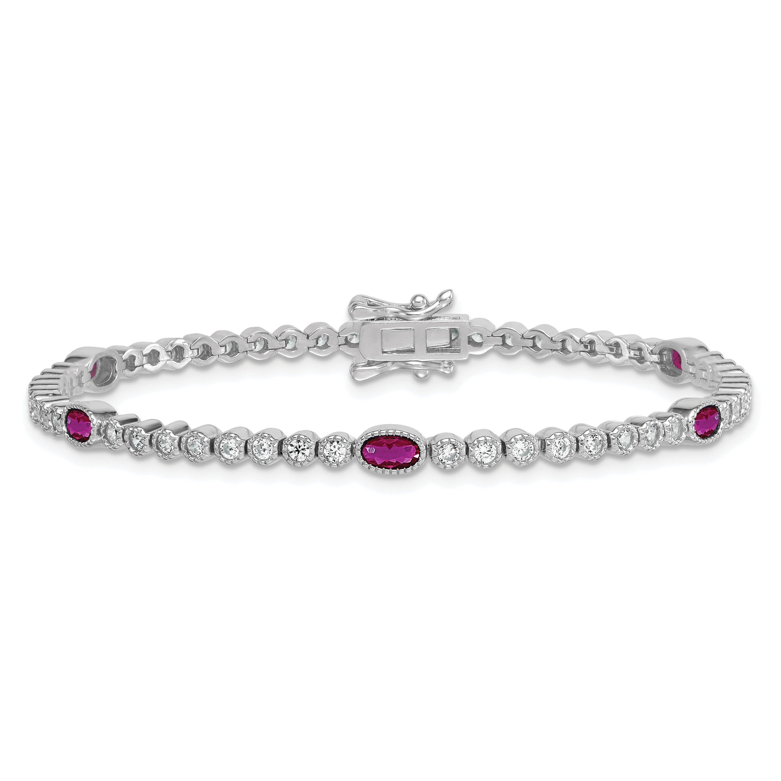Sterling Silver Rhodium-plated Polished and Beaded Fancy Oval Red and Round White CZ 7 Inch Bracelet