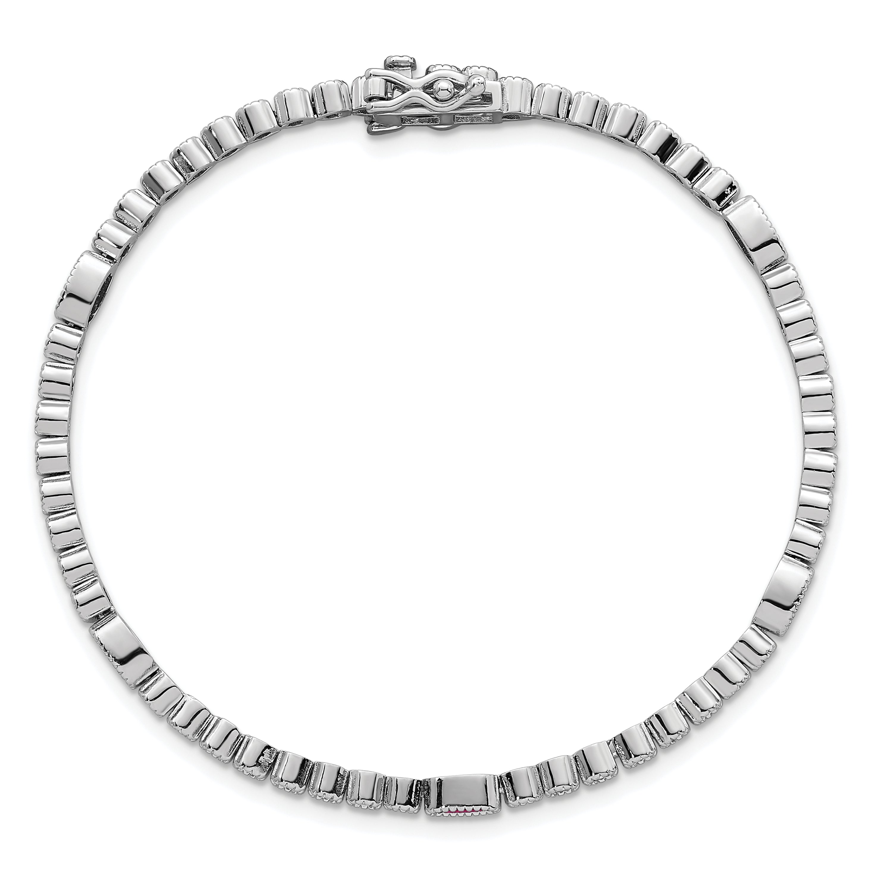 Sterling Silver Rhodium-plated Polished and Beaded Fancy Oval Red and Round White CZ 7 Inch Bracelet