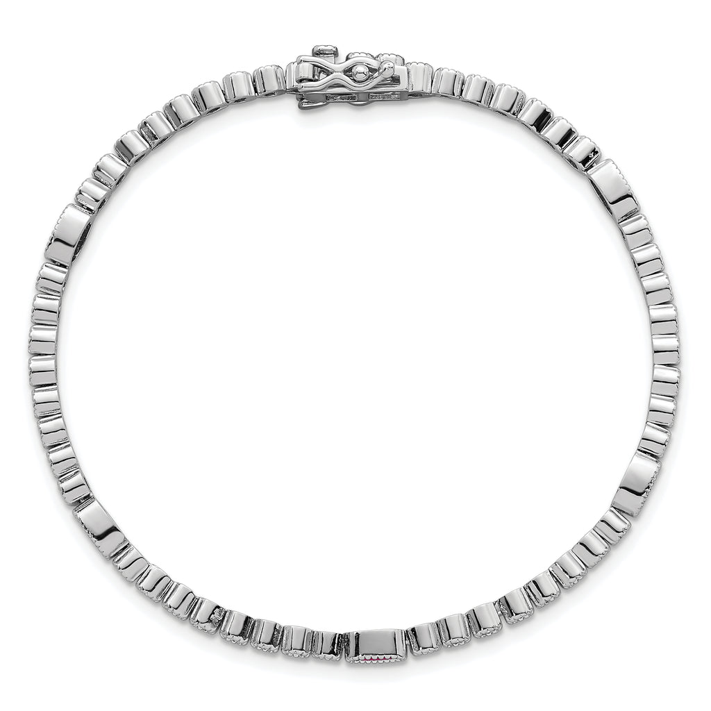 Sterling Silver Rhodium-plated Polished and Beaded Fancy Oval Red and Round White CZ 7 Inch Bracelet