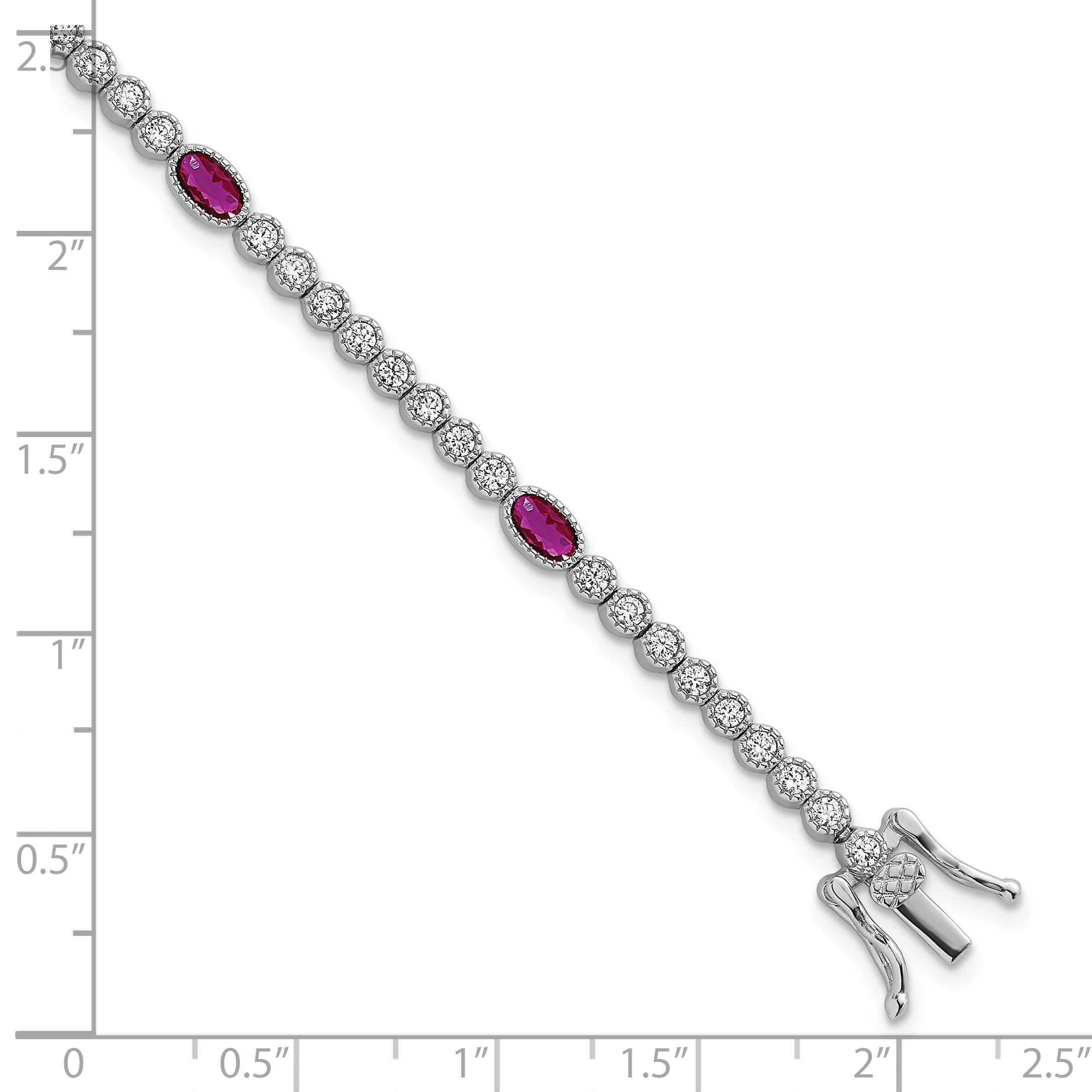 Sterling Silver Rhodium-plated Polished and Beaded Fancy Oval Red and Round White CZ 7 Inch Bracelet