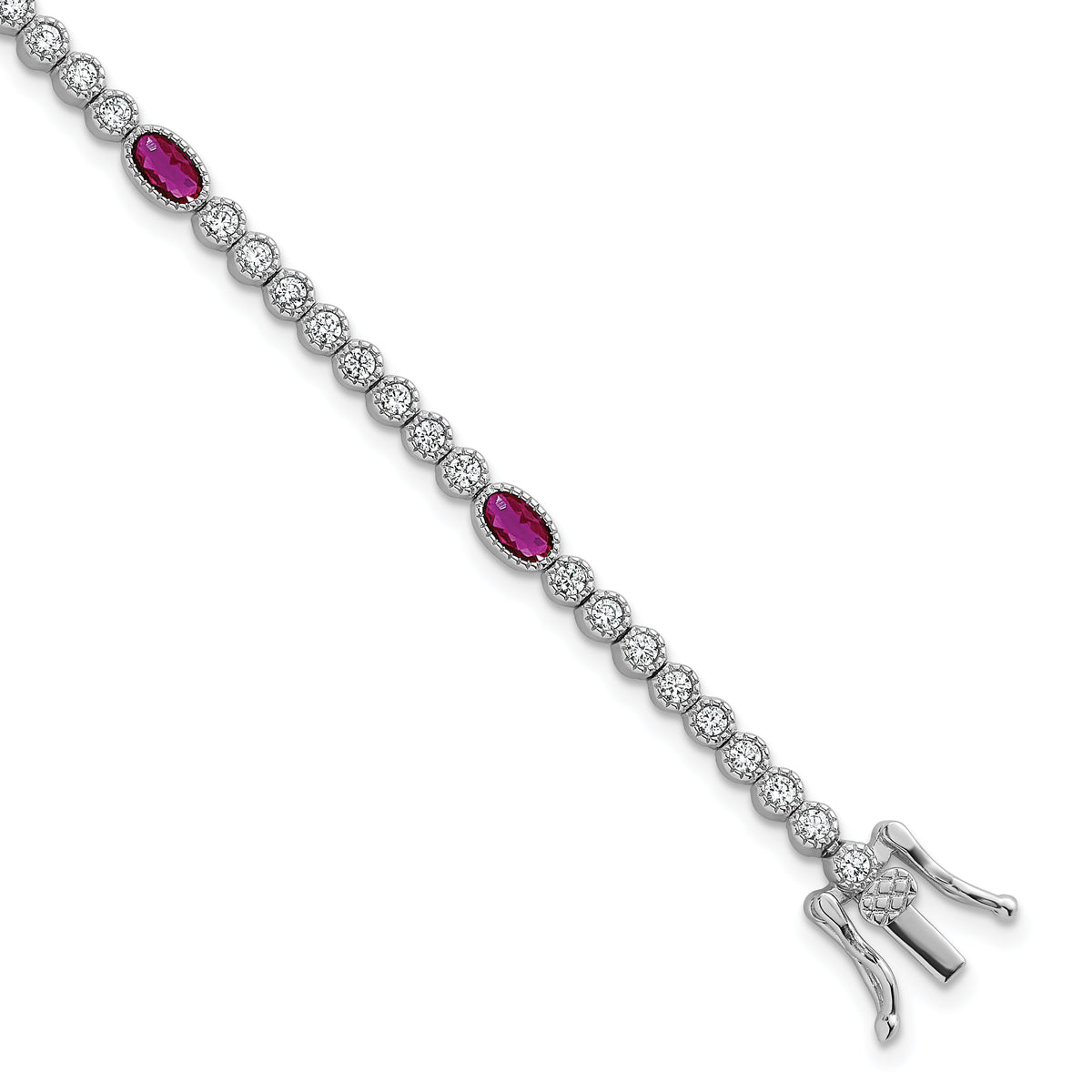 Sterling Silver Rhodium-plated Polished and Beaded Fancy Oval Red and Round White CZ 7 Inch Bracelet