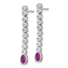 Sterling Silver Rhodium-plated Polished and Beaded Oval Red and Round White CZ Dangle Post Earrings