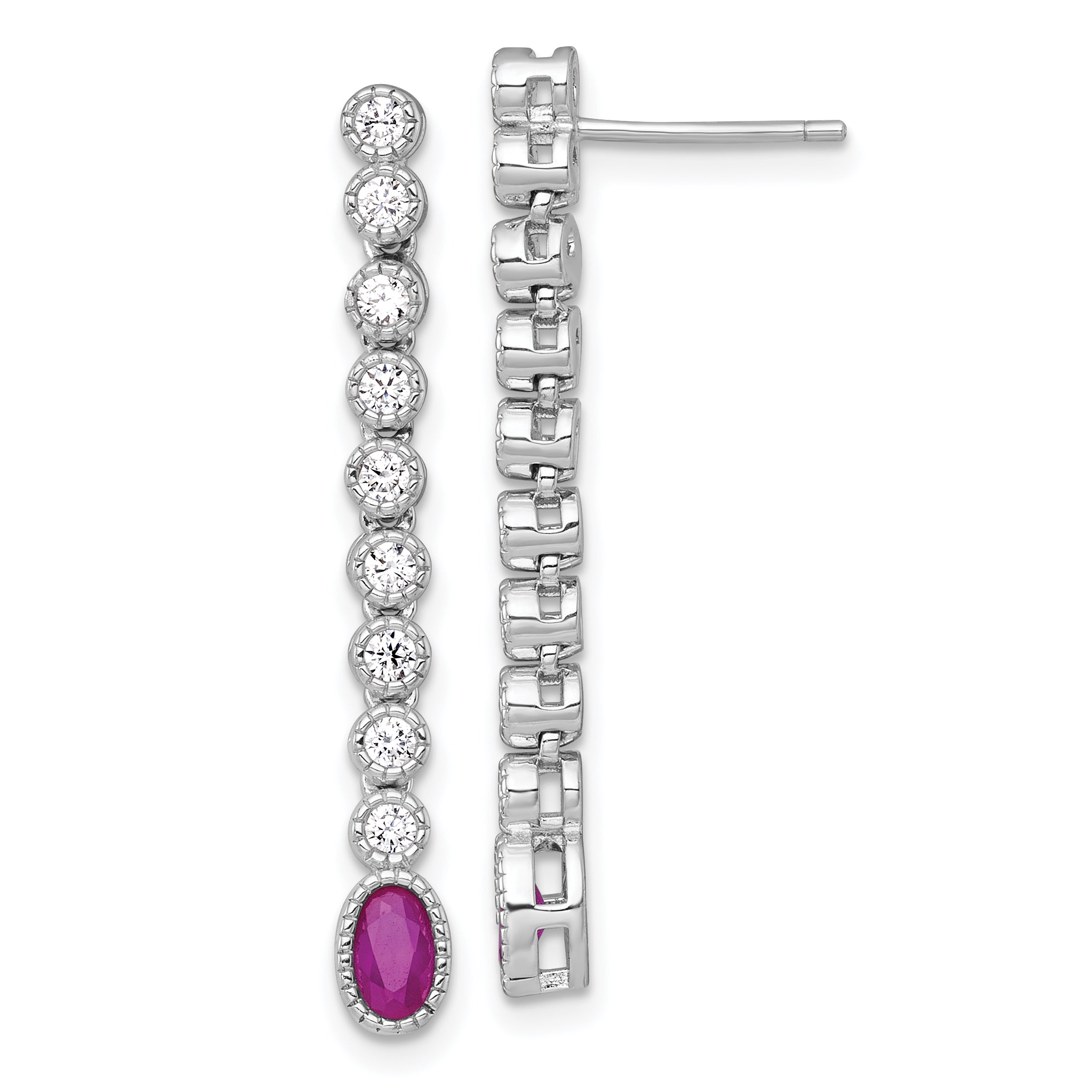 Sterling Silver Rhodium-plated Polished and Beaded Oval Red and Round White CZ Dangle Post Earrings