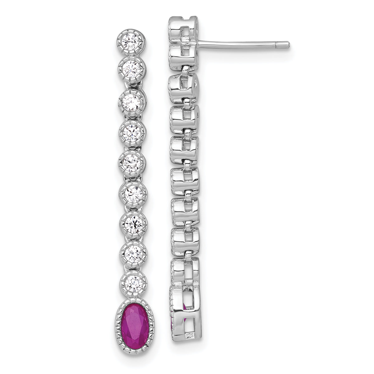 Sterling Silver Rhodium-plated Polished and Beaded Oval Red and Round White CZ Dangle Post Earrings