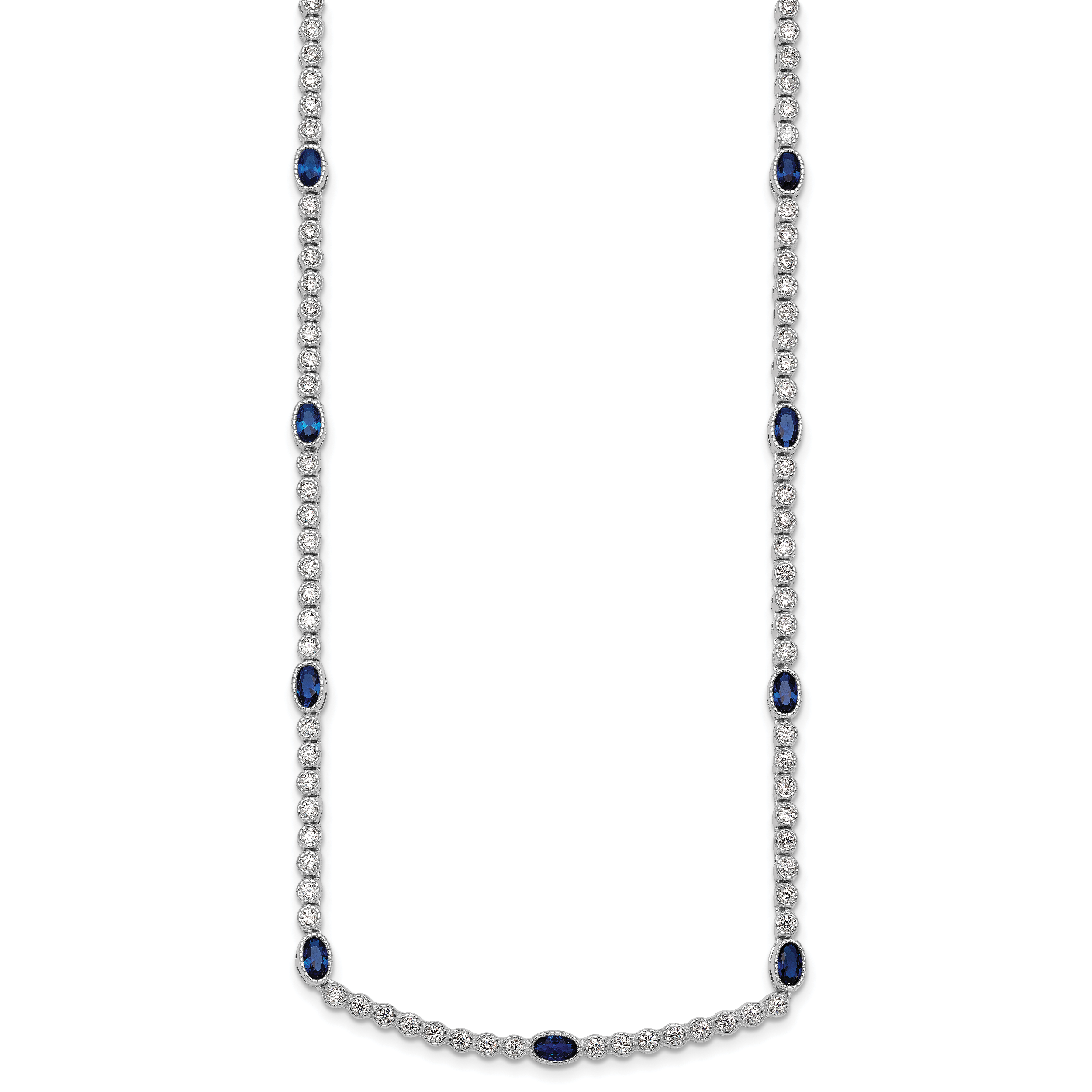 Sterling Silver Rhodium-plated Polished and Beaded Fancy Oval Blue and Round White CZ 17 Inch Necklace Secondary image