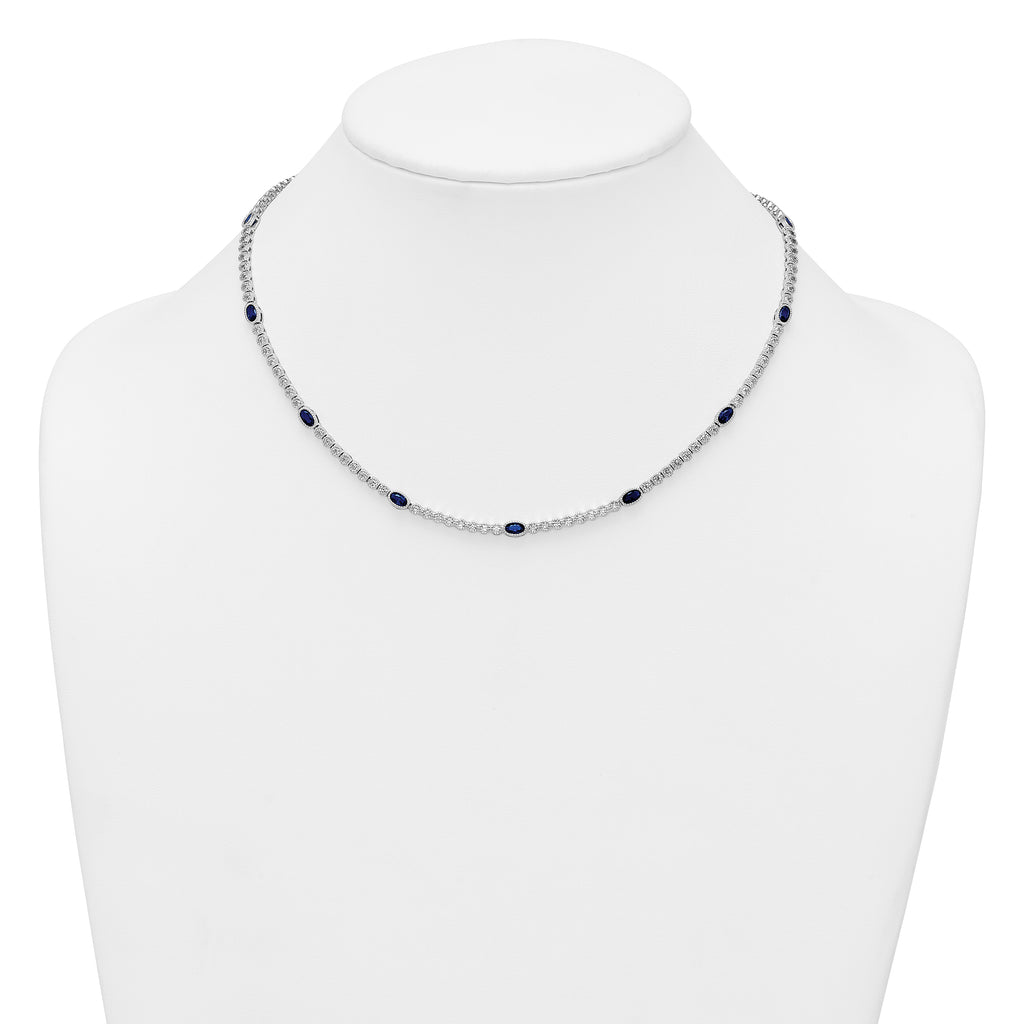 Sterling Silver Rhodium-plated Polished and Beaded Fancy Oval Blue and Round White CZ 17 Inch Necklace