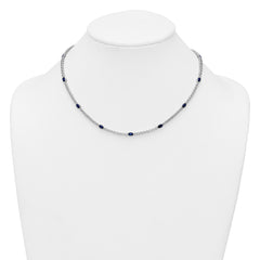 Sterling Silver Rhodium-plated Polished and Beaded Fancy Oval Blue and Round White CZ 17 Inch Necklace