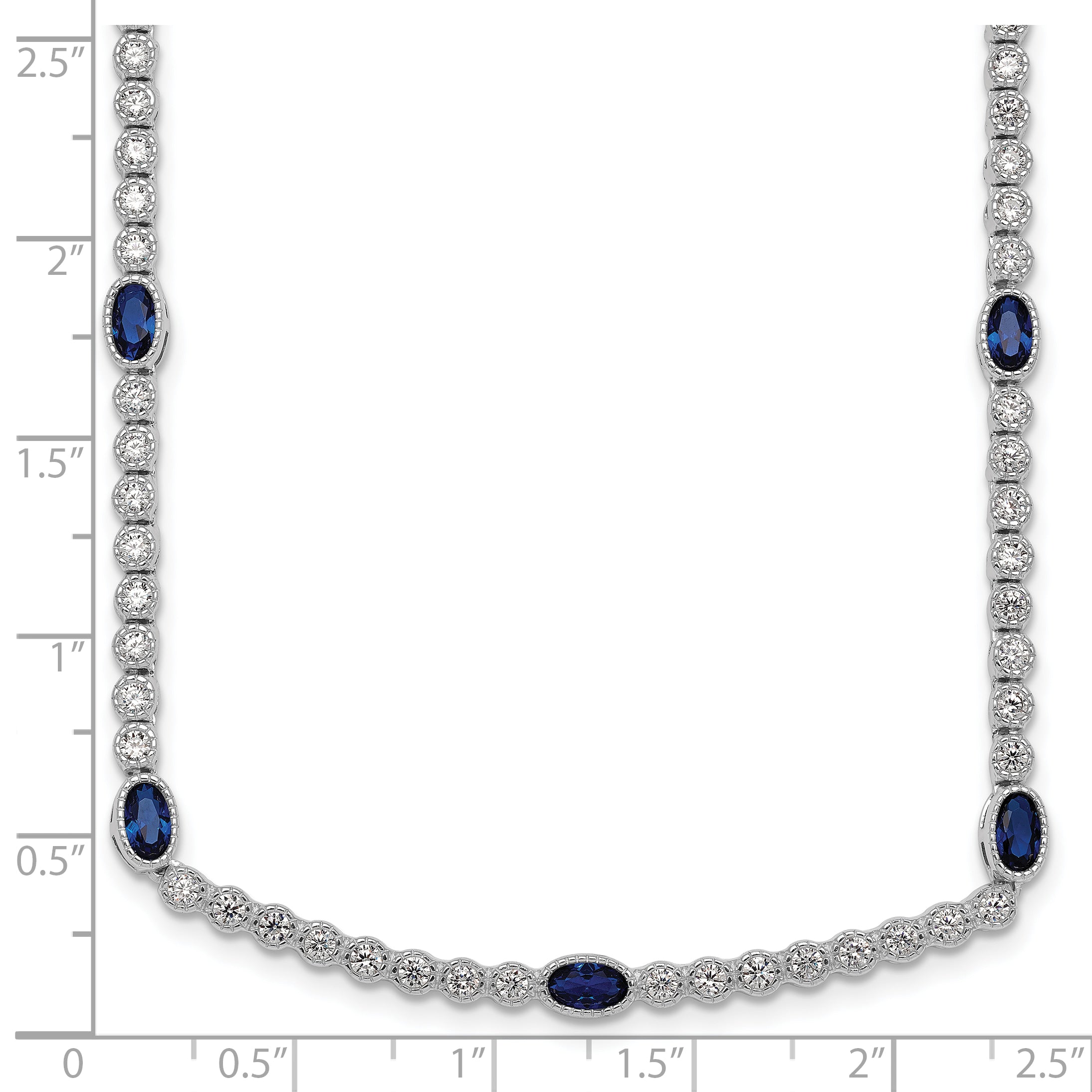 Sterling Silver Rhodium-plated Polished and Beaded Fancy Oval Blue and Round White CZ 17 Inch Necklace
