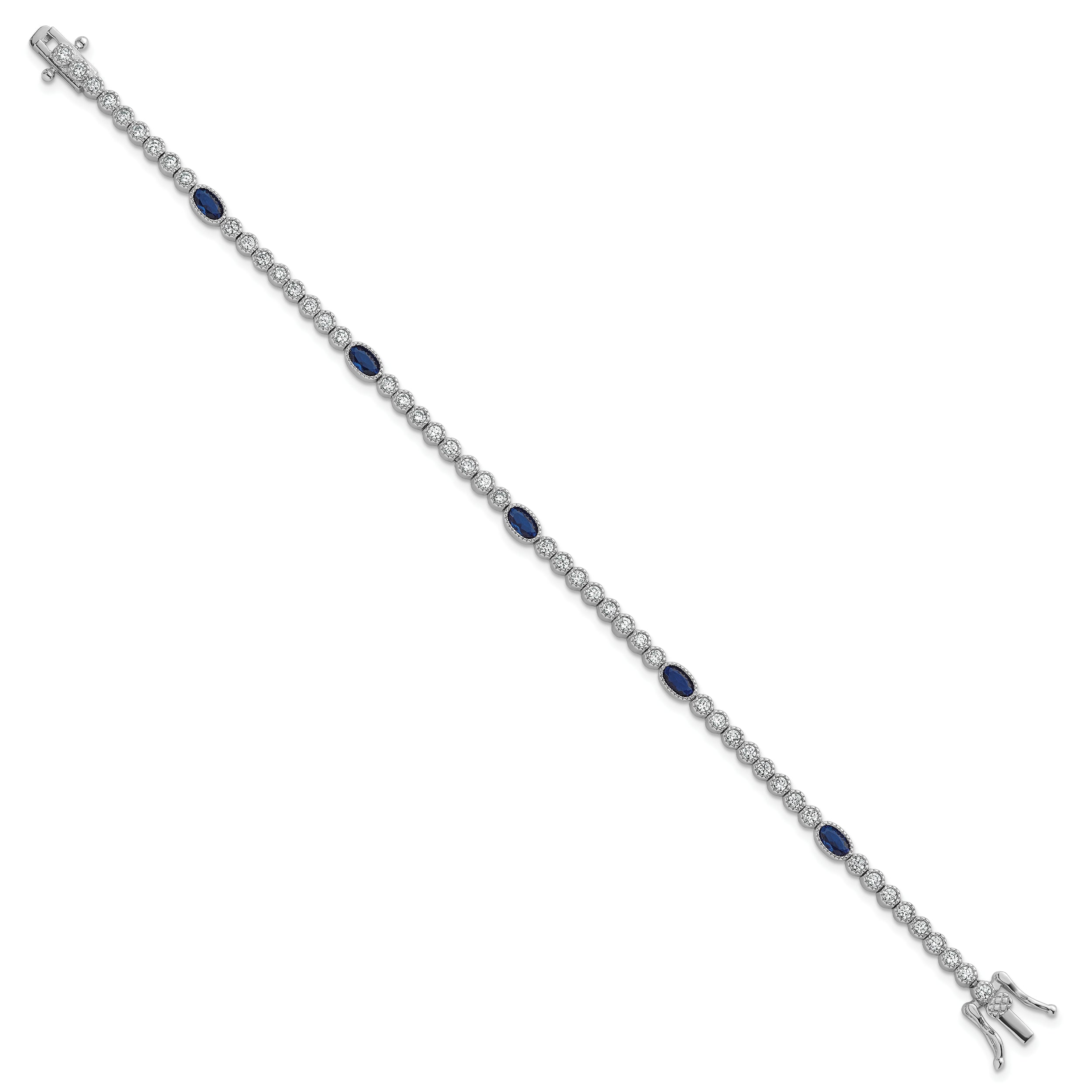 Sterling Silver Rhodium-plated Polished and Beaded Fancy Oval Blue and Round White CZ 7 Inch Bracelet
