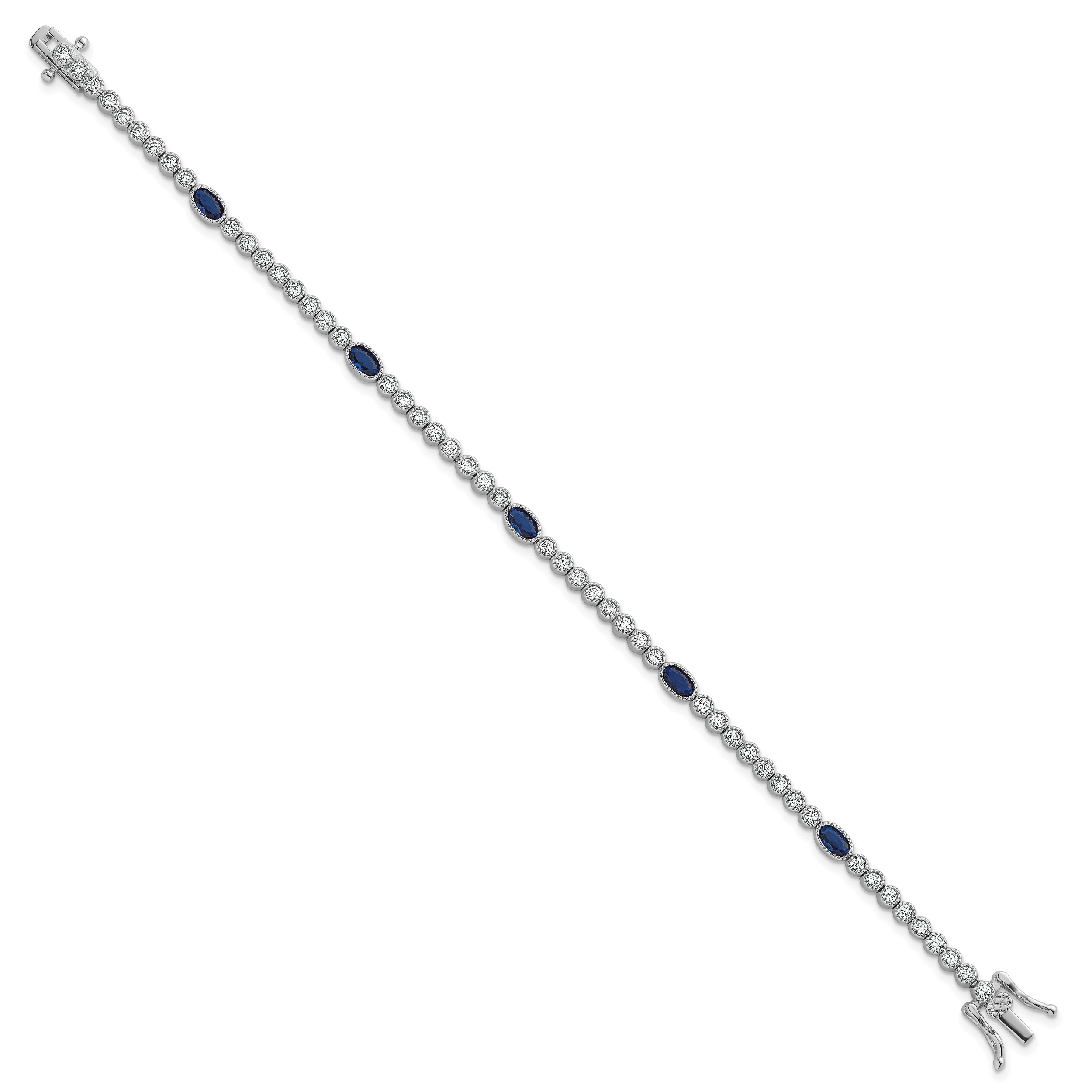 Sterling Silver Rhodium-plated Polished and Beaded Fancy Oval Blue and Round White CZ 7 Inch Bracelet Secondary image