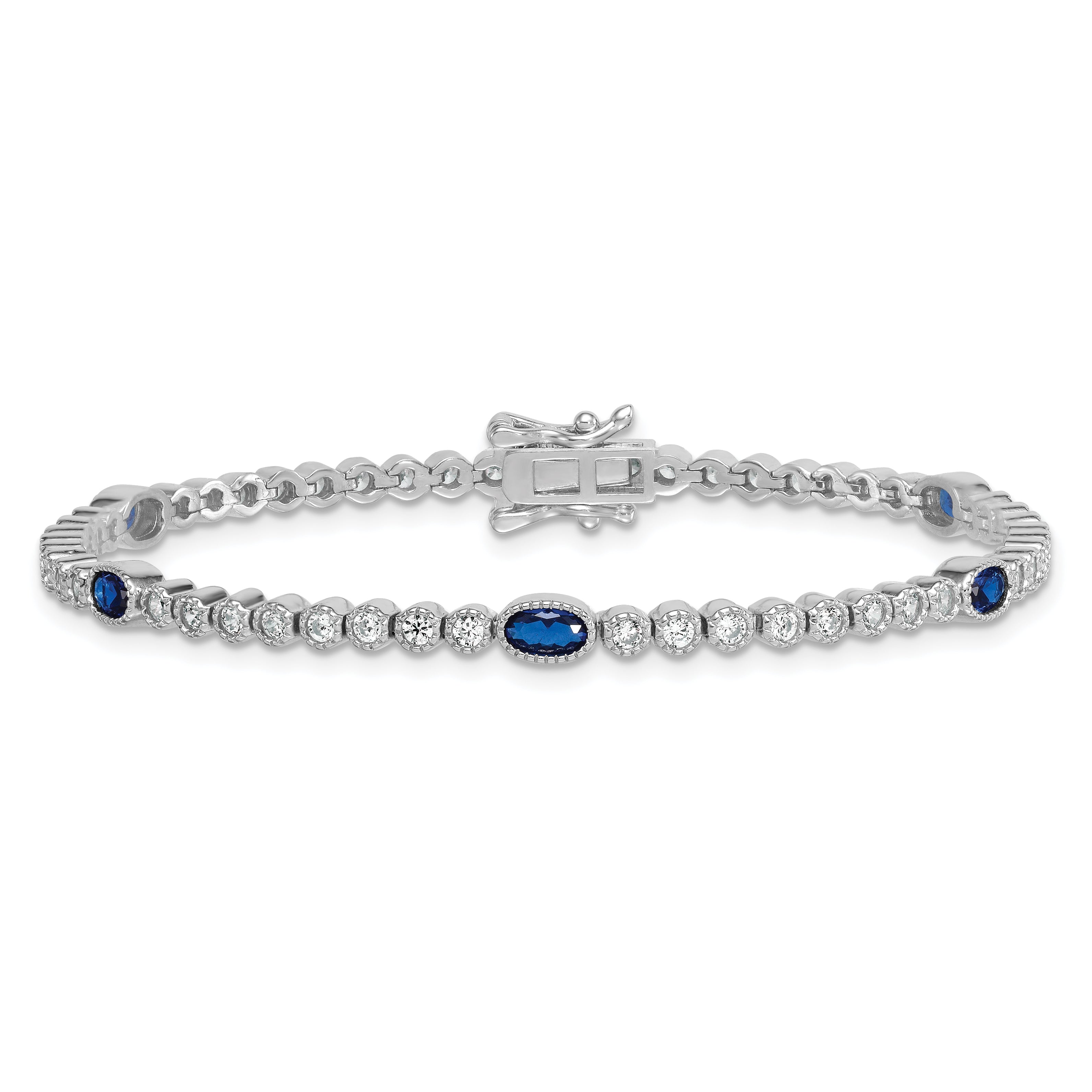 Sterling Silver Rhodium-plated Polished and Beaded Fancy Oval Blue and Round White CZ 7 Inch Bracelet