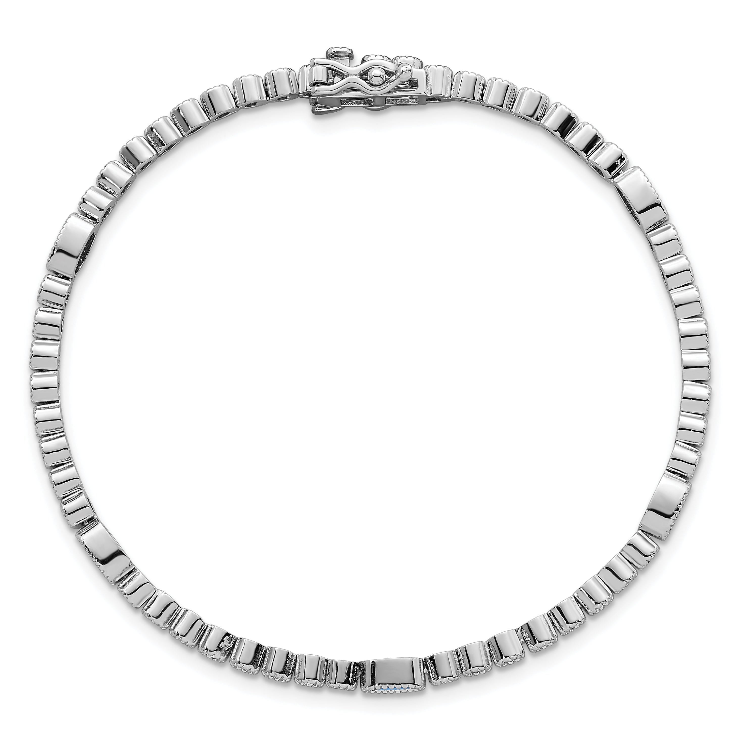 Sterling Silver Rhodium-plated Polished and Beaded Fancy Oval Blue and Round White CZ 7 Inch Bracelet