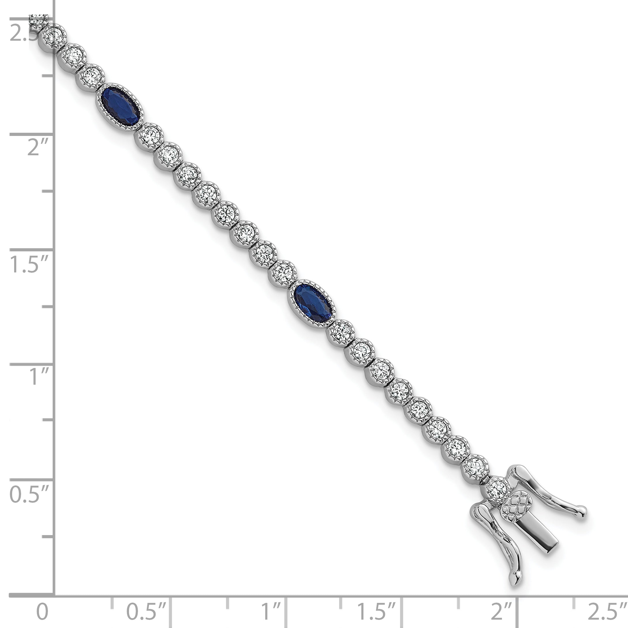Sterling Silver Rhodium-plated Polished and Beaded Fancy Oval Blue and Round White CZ 7 Inch Bracelet