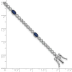 Sterling Silver Rhodium-plated Polished and Beaded Fancy Oval Blue and Round White CZ 7 Inch Bracelet