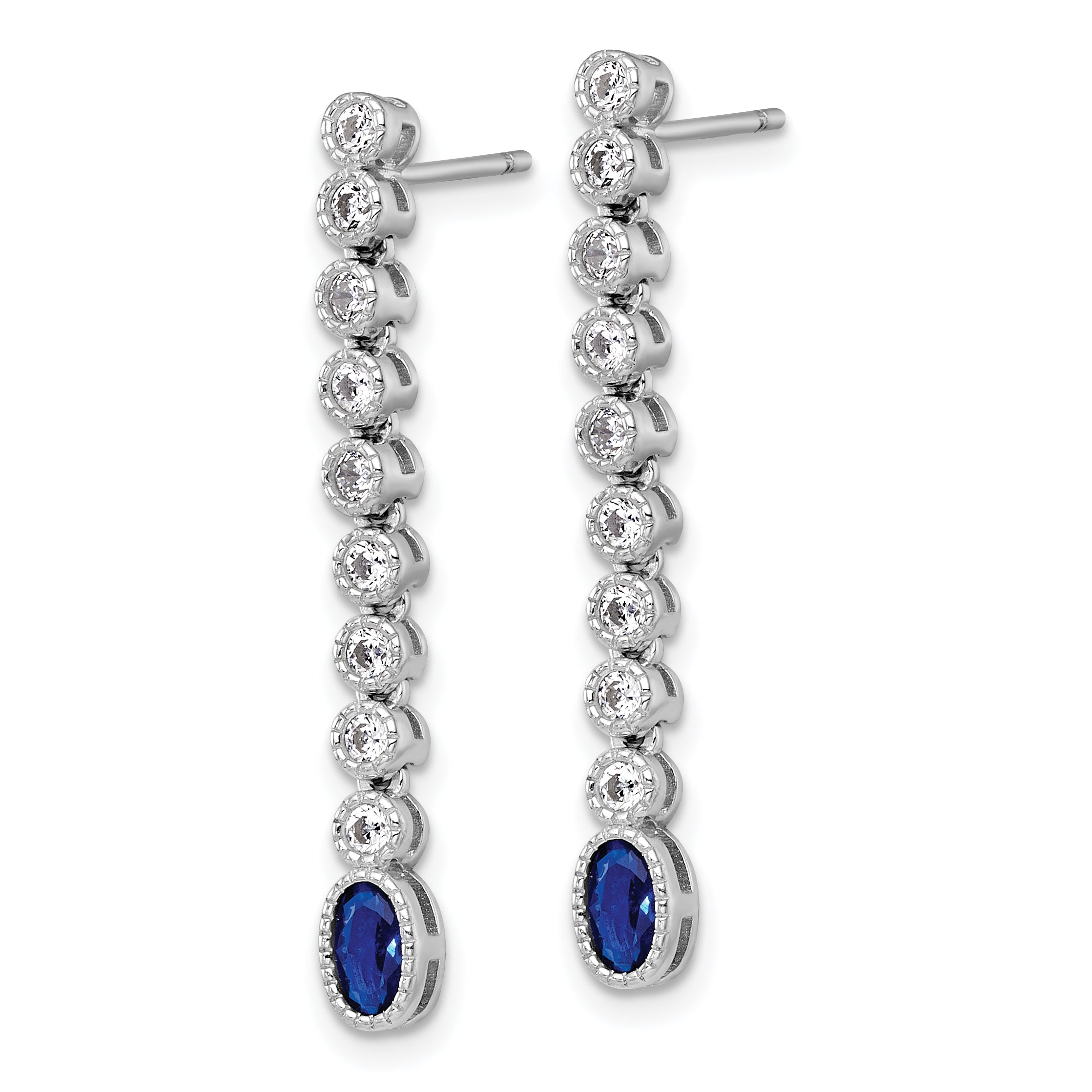 Sterling Silver Rhodium-plated Polished and Beaded Oval Blue and Round White CZ Dangle Post Earrings