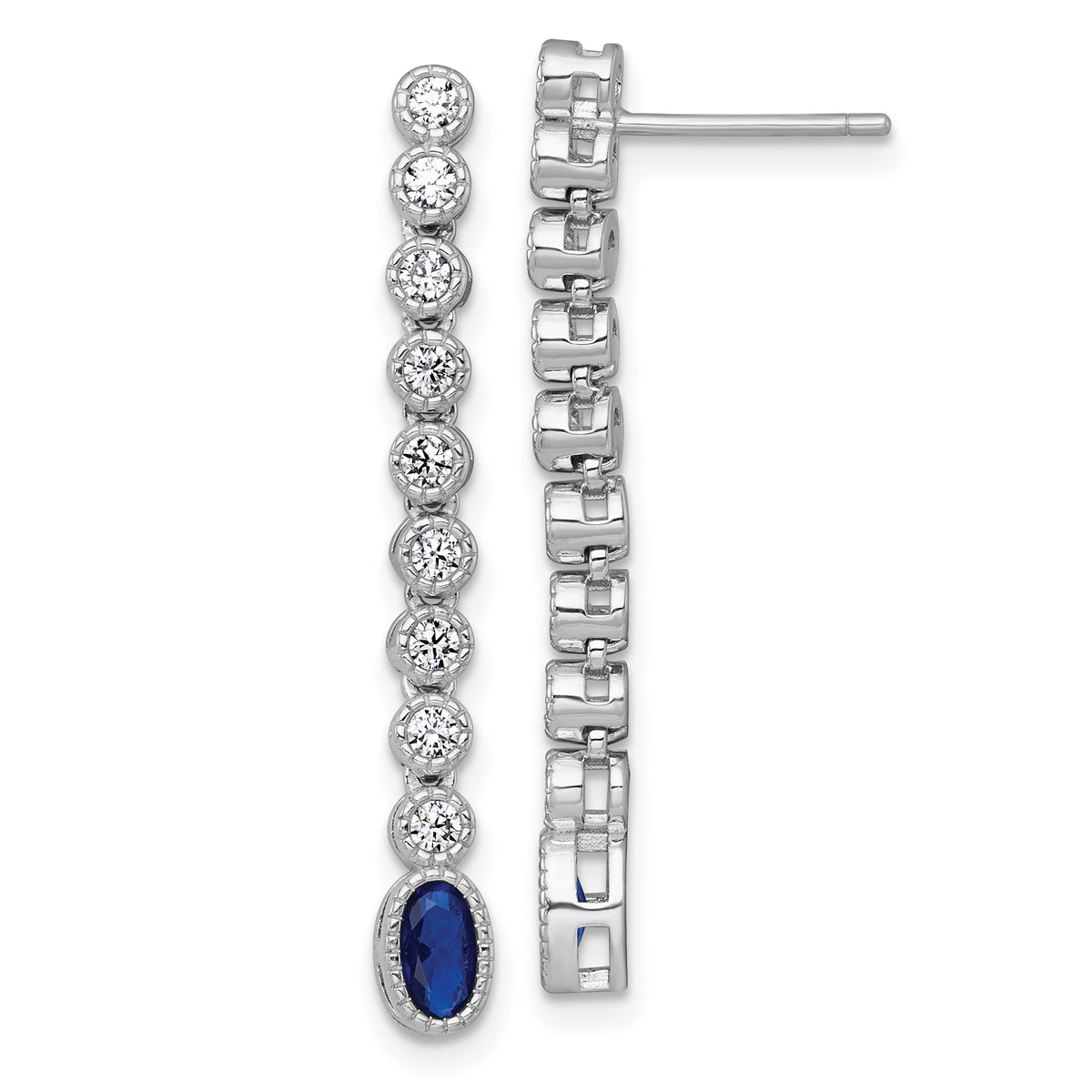 Sterling Silver Rhodium-plated Polished and Beaded Oval Blue and Round White CZ Dangle Post Earrings