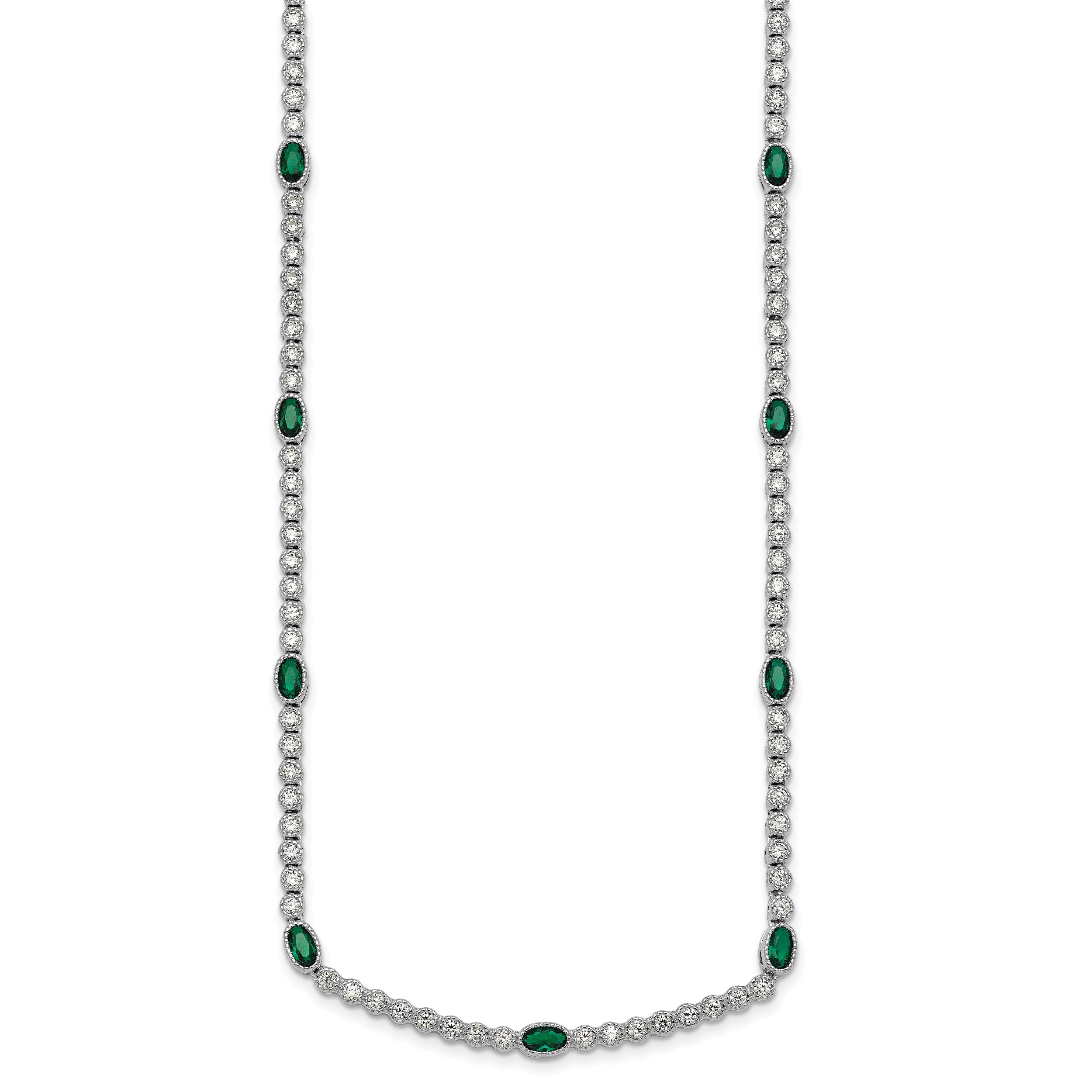 Sterling Silver Rhodium-plated Polished and Beaded Fancy Oval Green and Round White CZ 17 Inch Necklace
