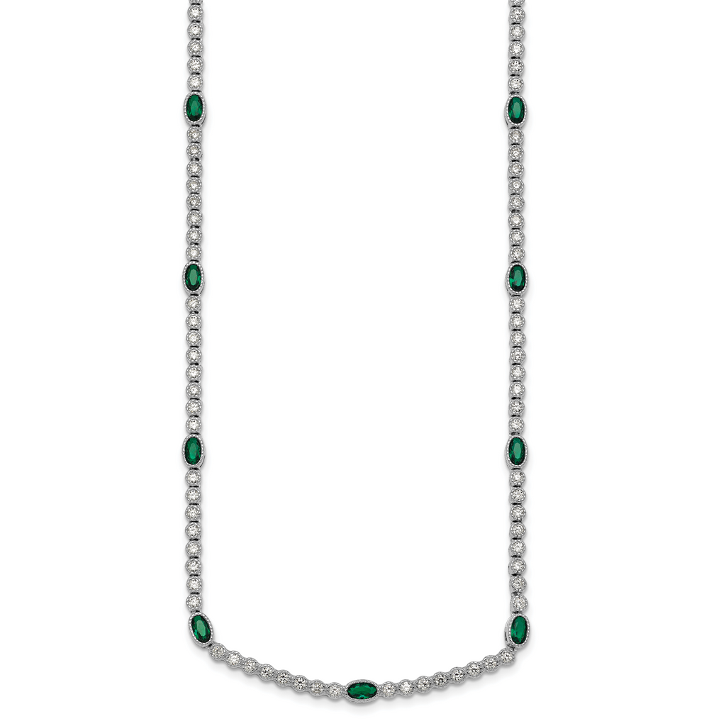 Sterling Silver Rhodium-plated Polished and Beaded Fancy Oval Green and Round White CZ 17 Inch Necklace