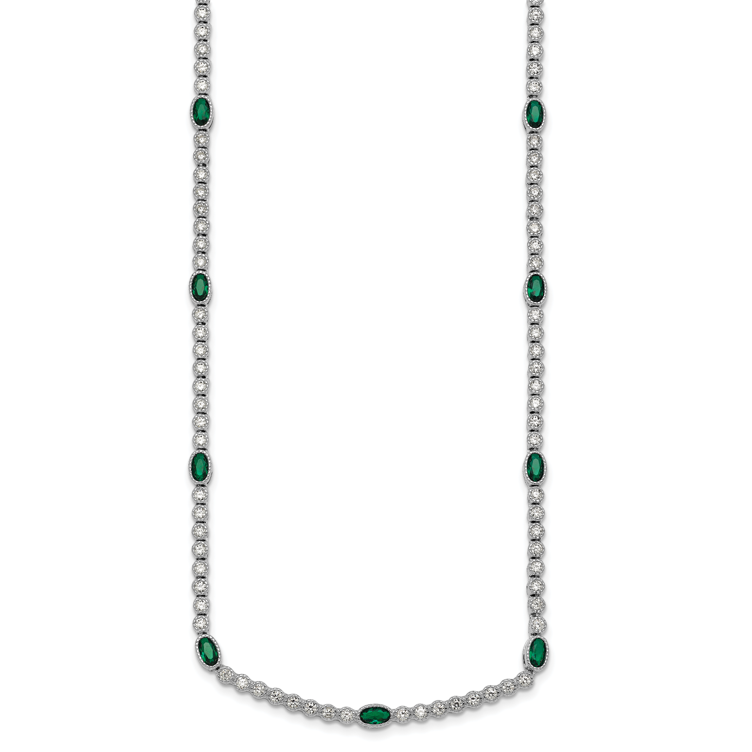 Sterling Silver Rhodium-plated Polished and Beaded Fancy Oval Green and Round White CZ 17 Inch Necklace