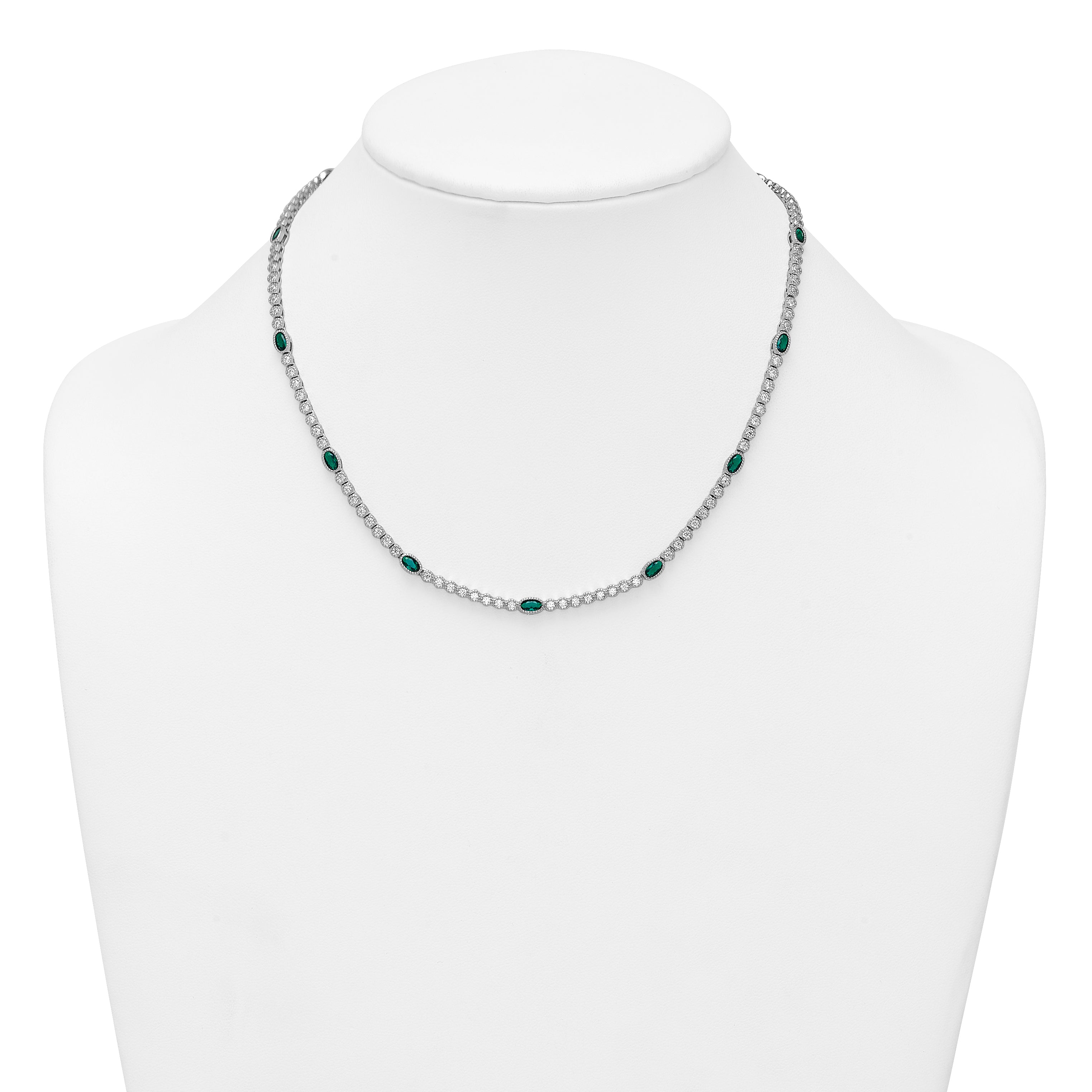 Sterling Silver Rhodium-plated Polished and Beaded Fancy Oval Green and Round White CZ 17 Inch Necklace