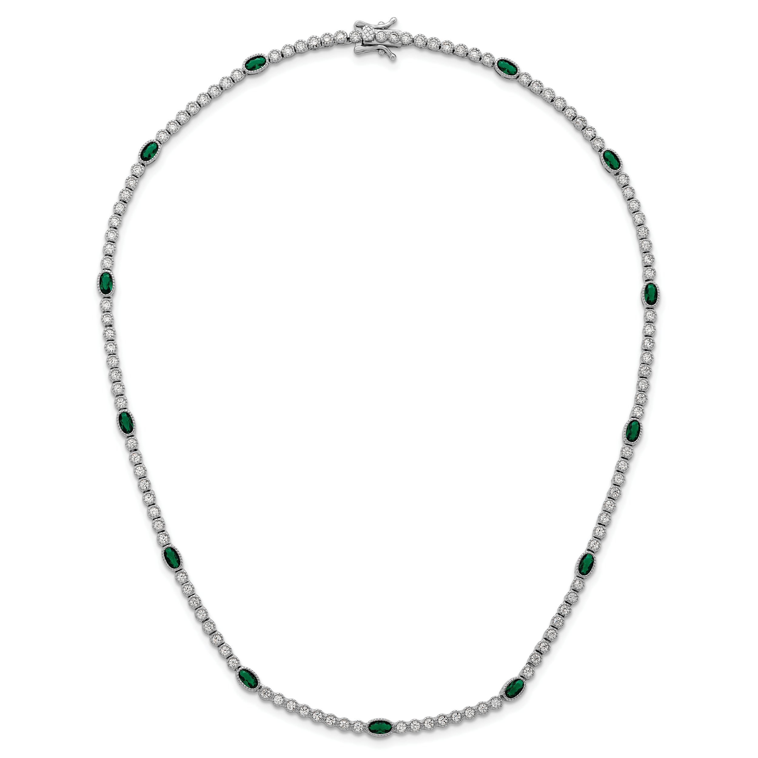 Sterling Silver Rhodium-plated Polished and Beaded Fancy Oval Green and Round White CZ 17 Inch Necklace