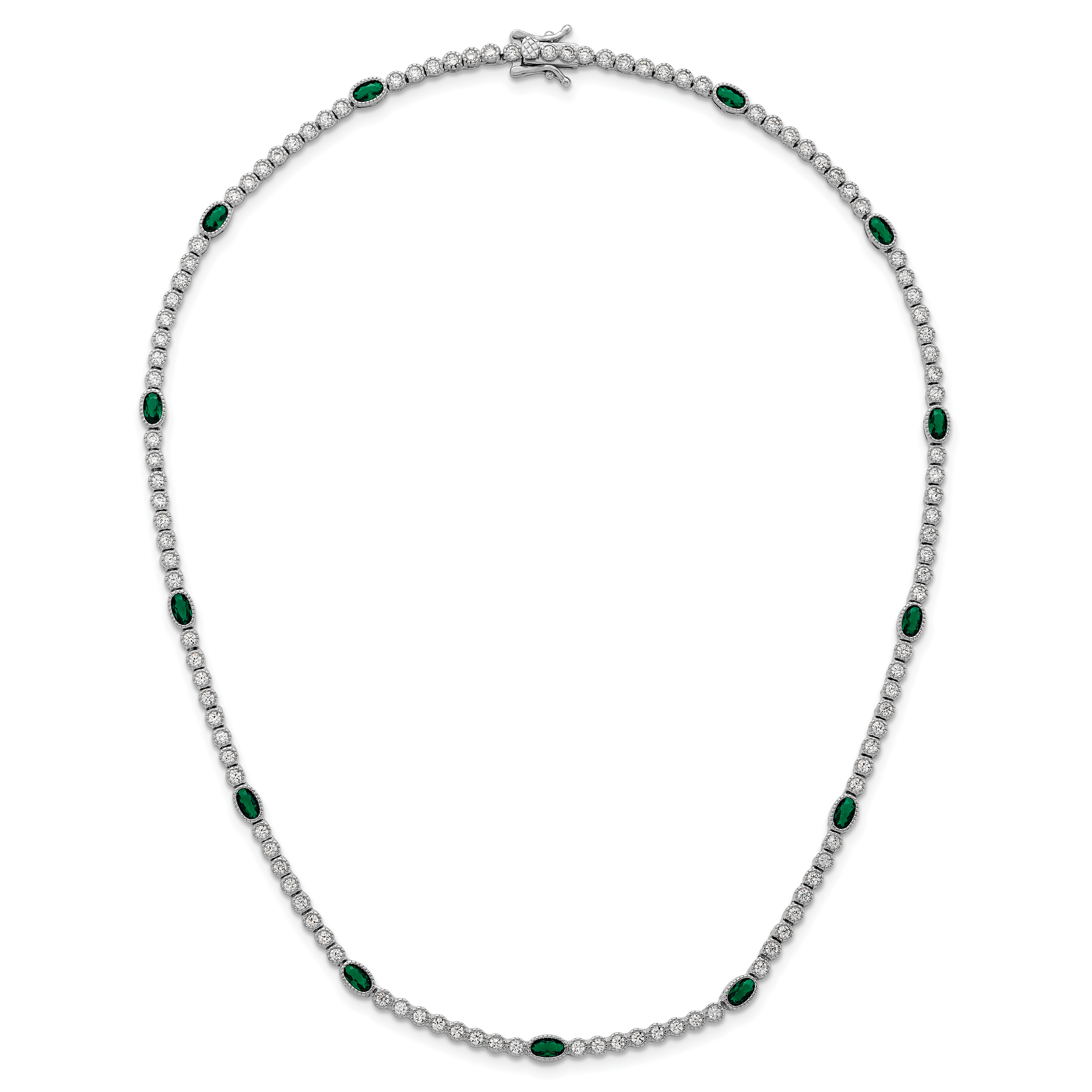Sterling Silver Rhodium-plated Polished and Beaded Fancy Oval Green and Round White CZ 17 Inch Necklace