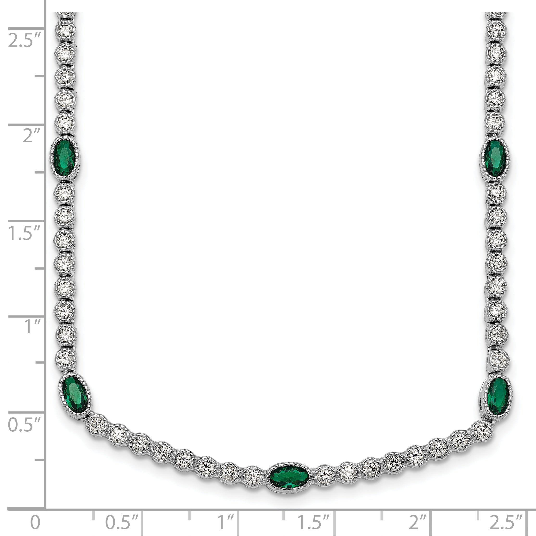 Sterling Silver Rhodium-plated Polished and Beaded Fancy Oval Green and Round White CZ 17 Inch Necklace