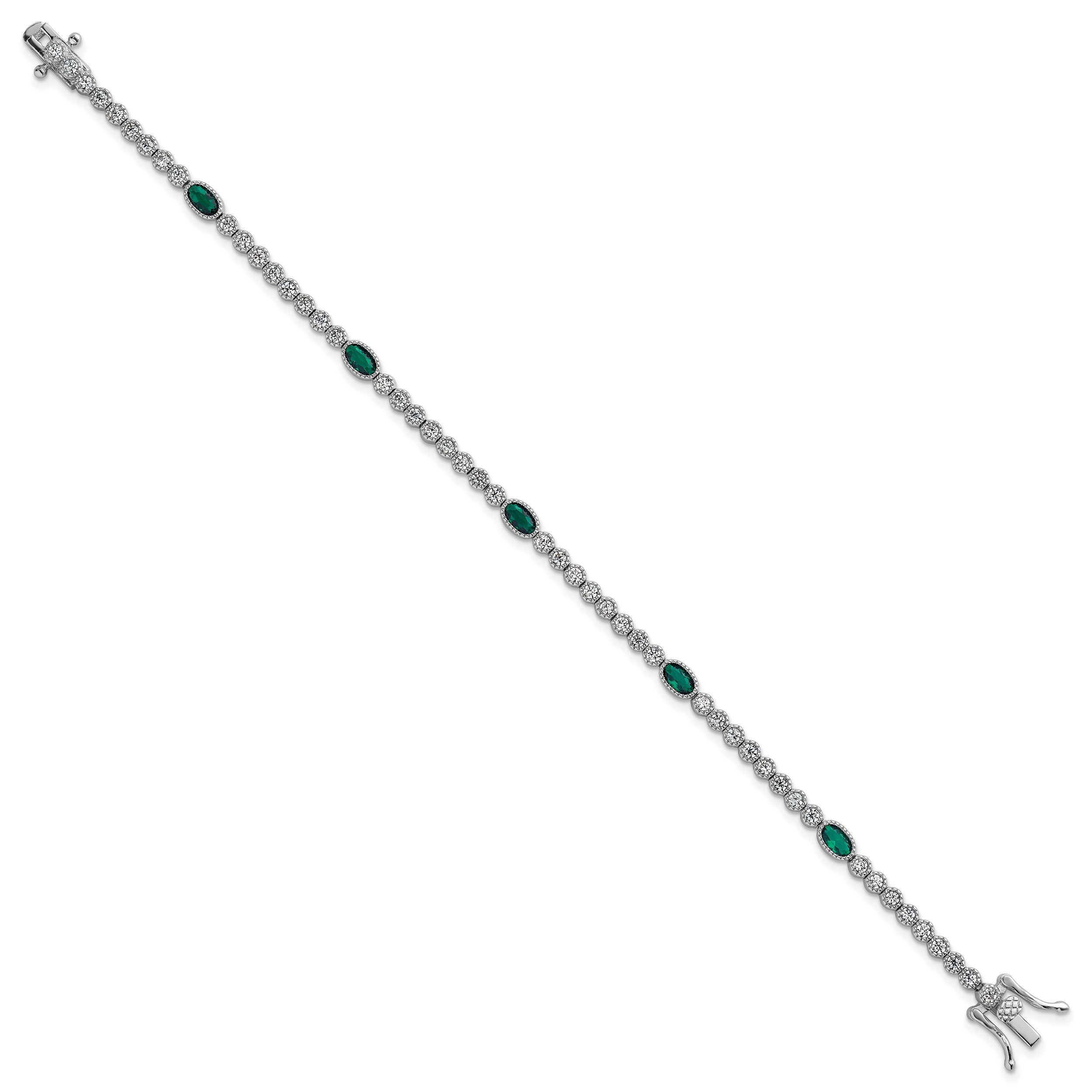 Sterling Silver Rhodium-plated Polished and Beaded Fancy Oval Green and Round White CZ 7 Inch Bracelet