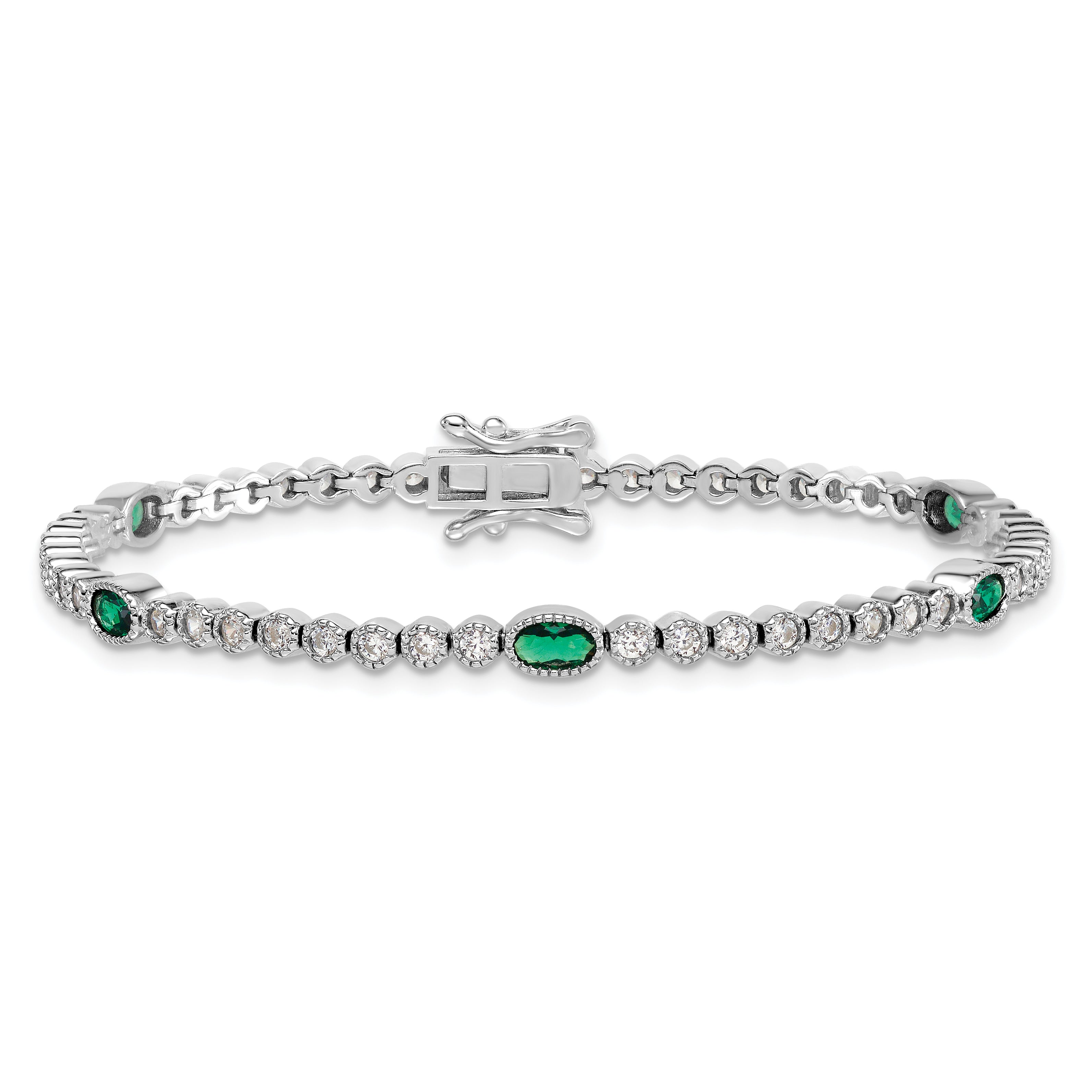 Sterling Silver Rhodium-plated Polished and Beaded Fancy Oval Green and Round White CZ 7 Inch Bracelet