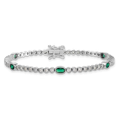 Sterling Silver Rhodium-plated Polished and Beaded Fancy Oval Green and Round White CZ 7 Inch Bracelet