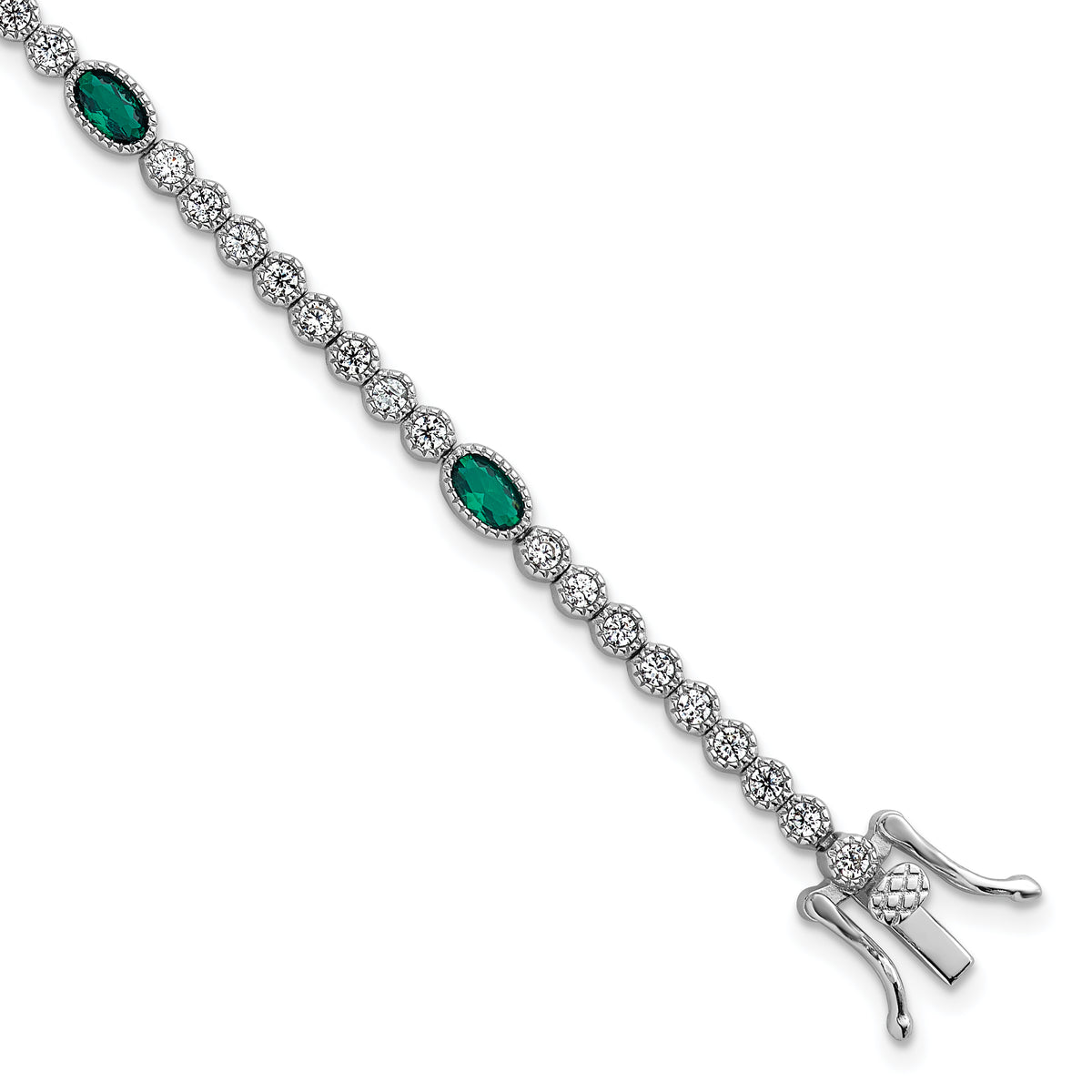 Sterling Silver Rhodium-plated Polished and Beaded Fancy Oval Green and Round White CZ 7 Inch Bracelet