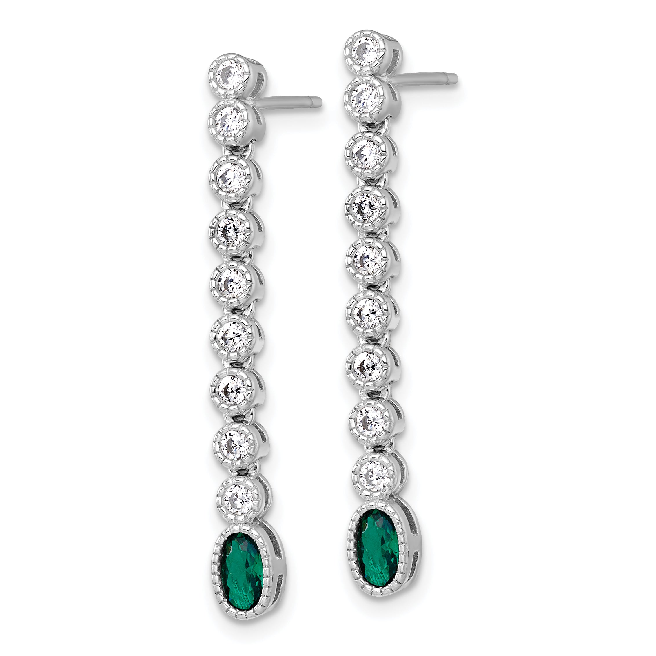 Sterling Silver Rhodium-plated Polished and Beaded Oval Green and Round White CZ Dangle Post Earrings
