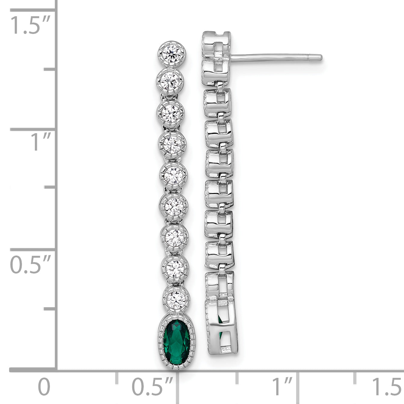 Sterling Silver Rhodium-plated Polished and Beaded Oval Green and Round White CZ Dangle Post Earrings