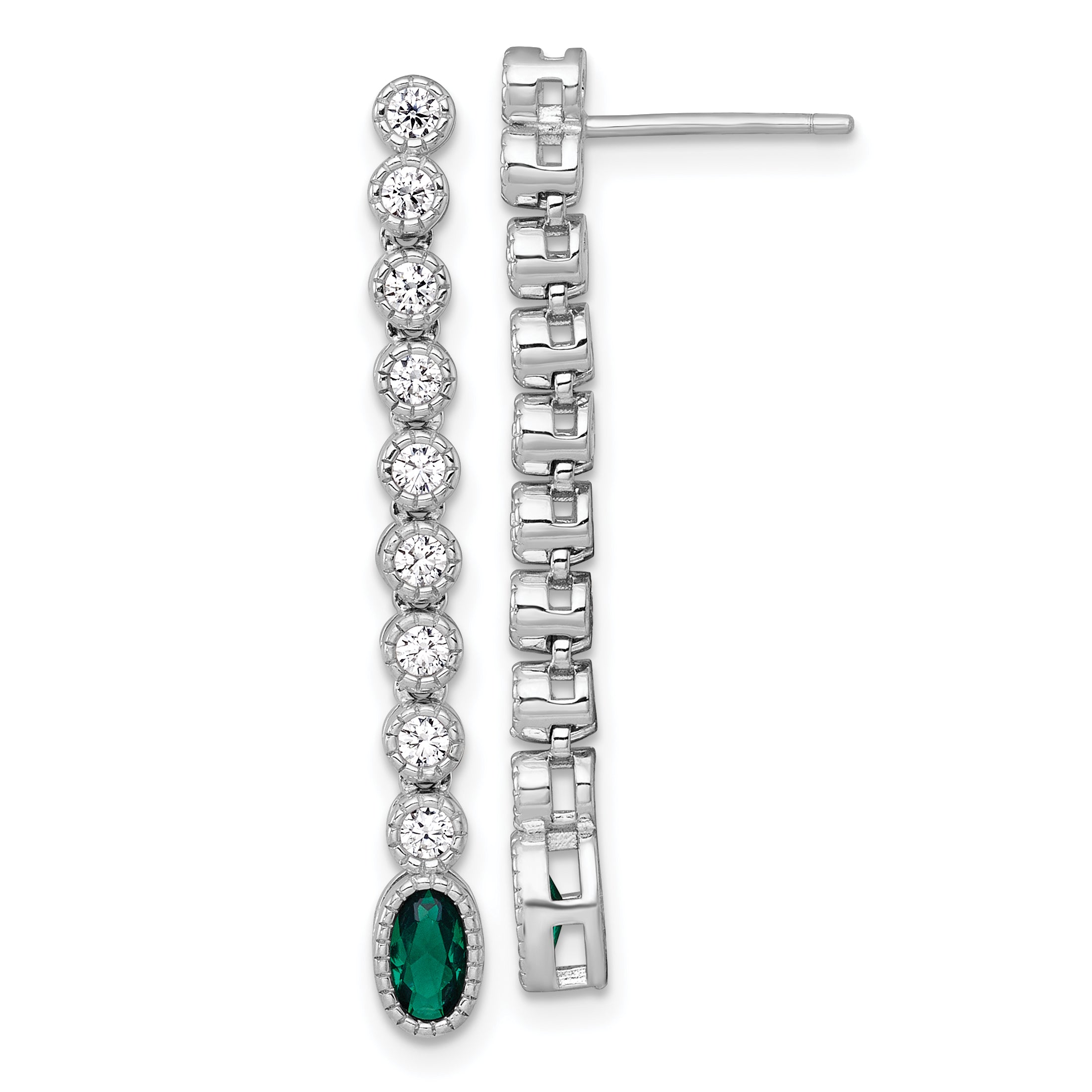 Sterling Silver Rhodium-plated Polished and Beaded Oval Green and Round White CZ Dangle Post Earrings Main image