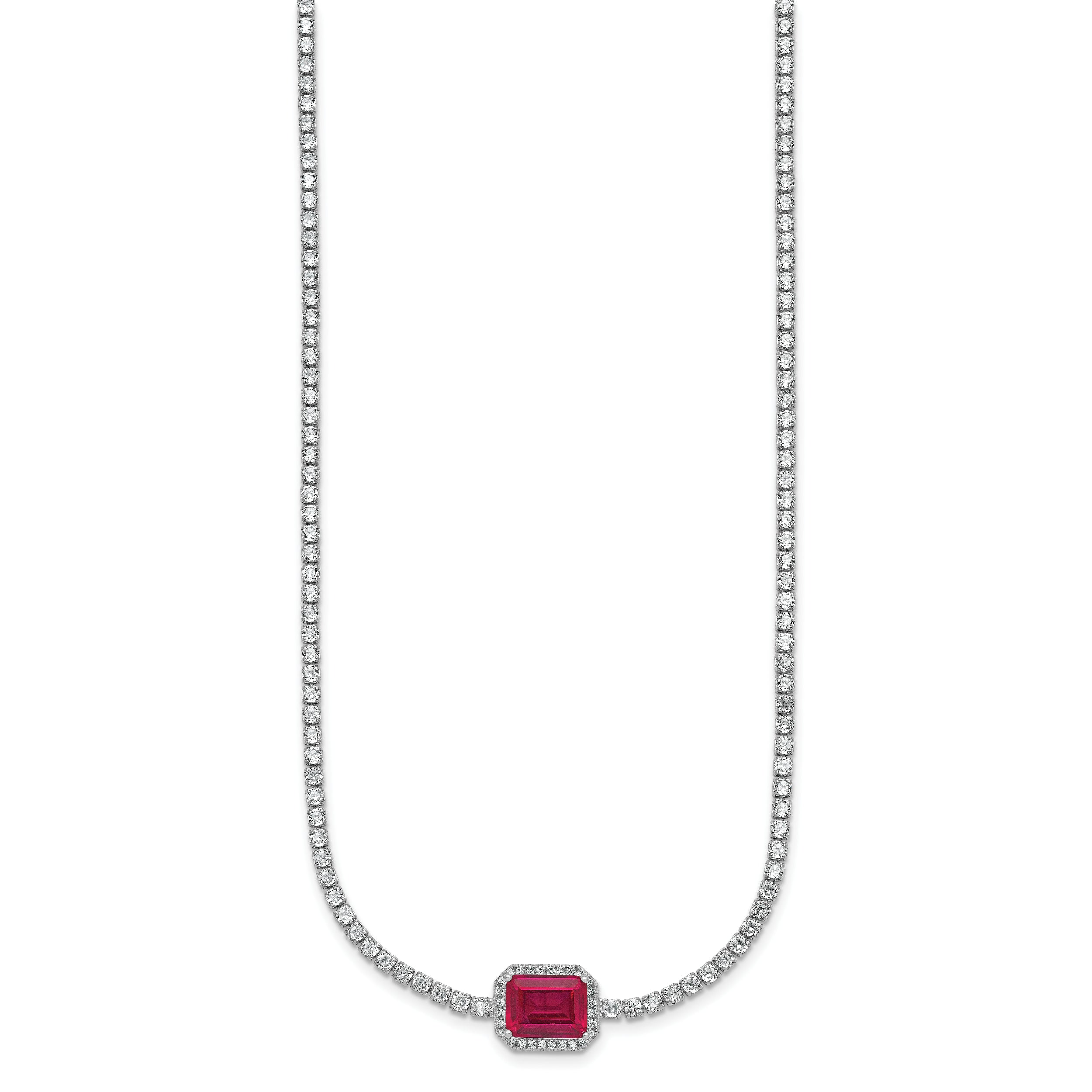 Sterling Silver Rhodium-plated Polished Fancy Emerald-cut Red and White CZ Halo 16 Inch with 2 Inch Extension Necklace