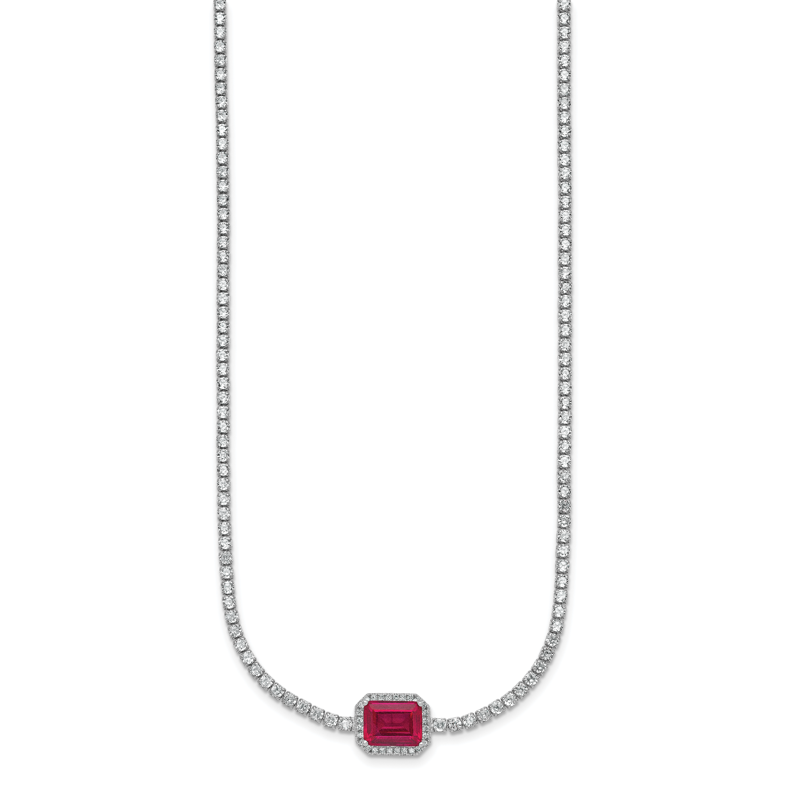 Sterling Silver Rhodium-plated Polished Fancy Emerald-cut Red and White CZ Halo 16 Inch with 2 Inch Extension Necklace Secondary image