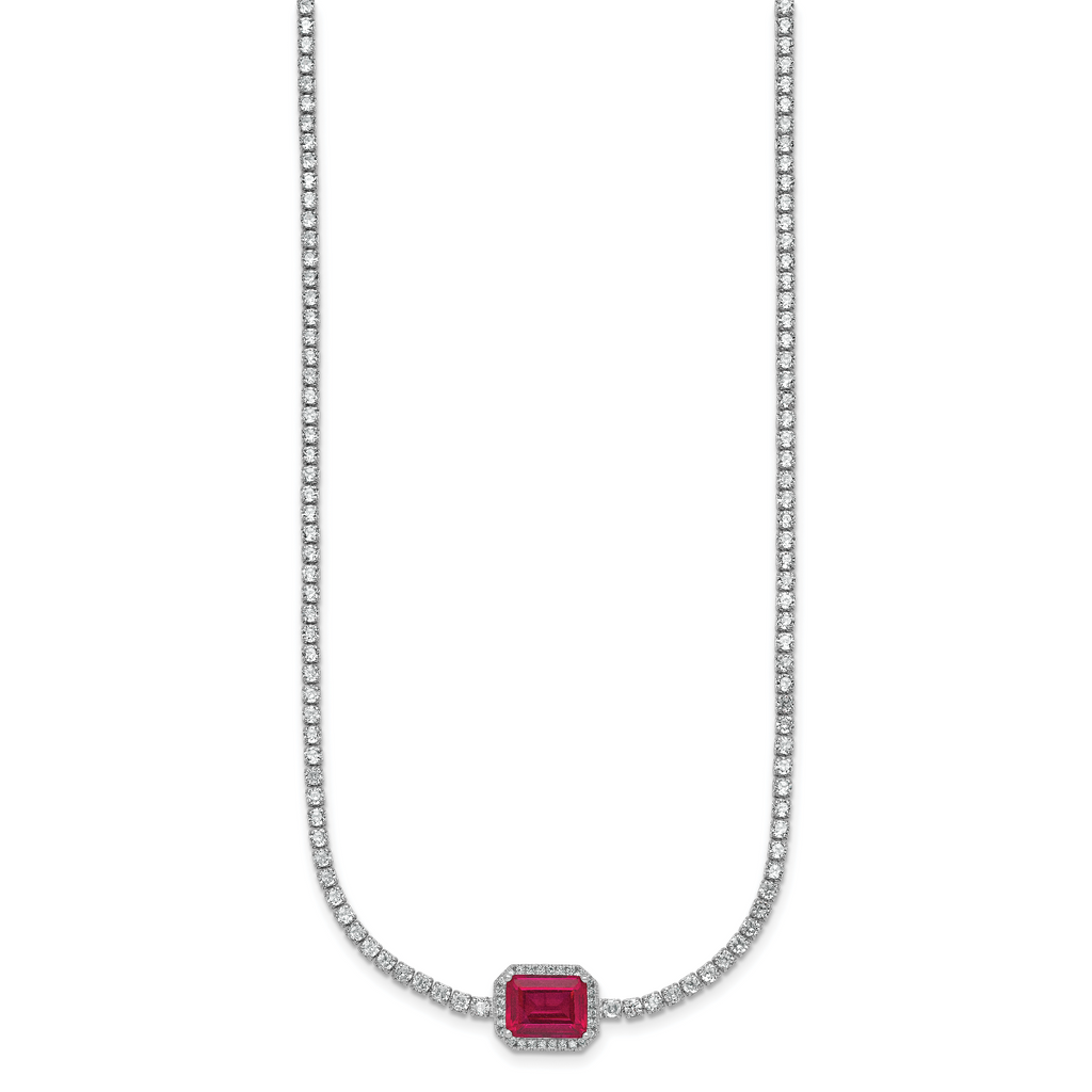 Sterling Silver Rhodium-plated Polished Fancy Emerald-cut Red and White CZ Halo 16 Inch with 2 Inch Extension Necklace