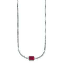 Sterling Silver Rhodium-plated Polished Fancy Emerald-cut Red and White CZ Halo 16 Inch with 2 Inch Extension Necklace
