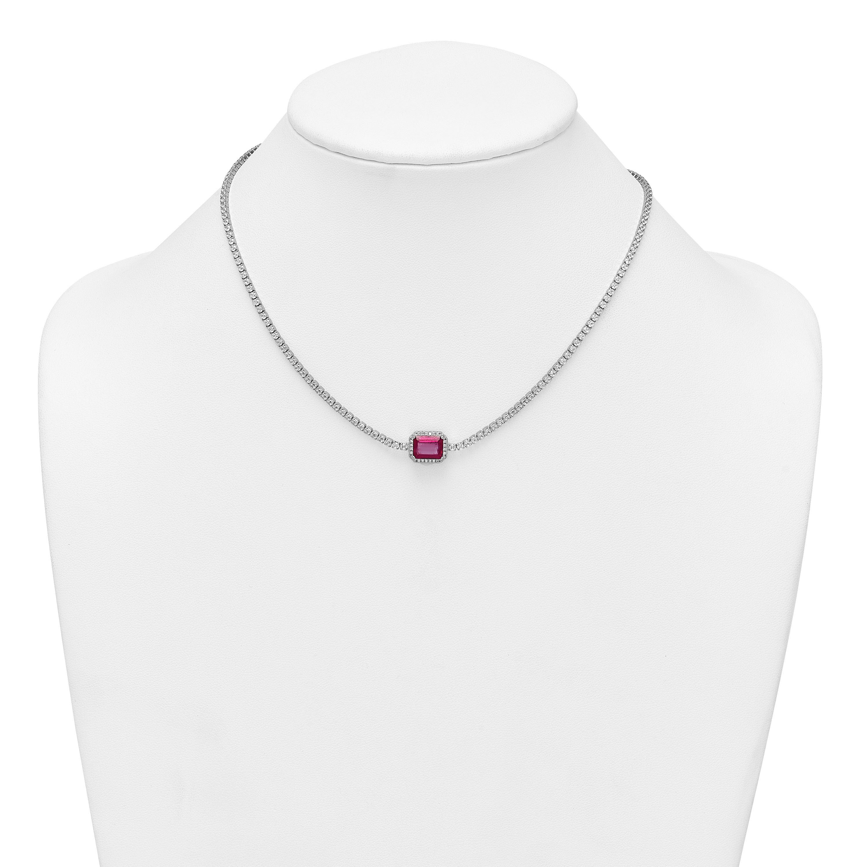 Sterling Silver Rhodium-plated Polished Fancy Emerald-cut Red and White CZ Halo 16 Inch with 2 Inch Extension Necklace
