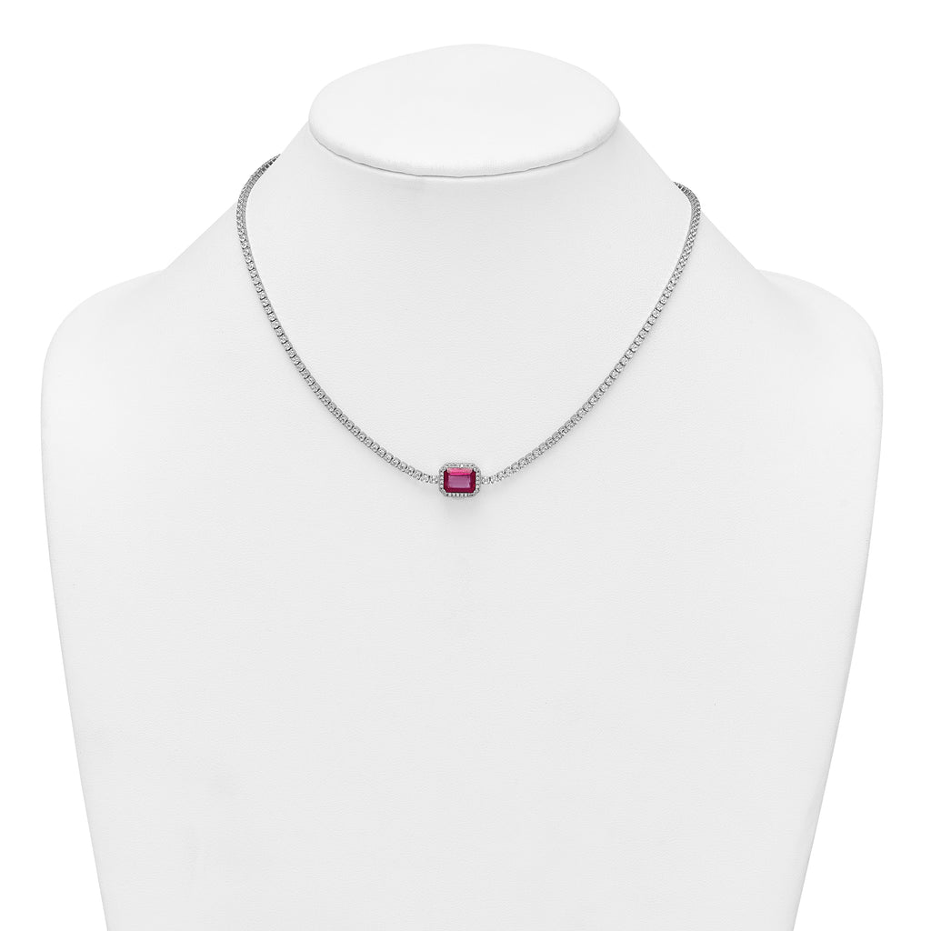 Sterling Silver Rhodium-plated Polished Fancy Emerald-cut Red and White CZ Halo 16 Inch with 2 Inch Extension Necklace