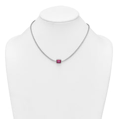 Sterling Silver Rhodium-plated Polished Fancy Emerald-cut Red and White CZ Halo 16 Inch with 2 Inch Extension Necklace