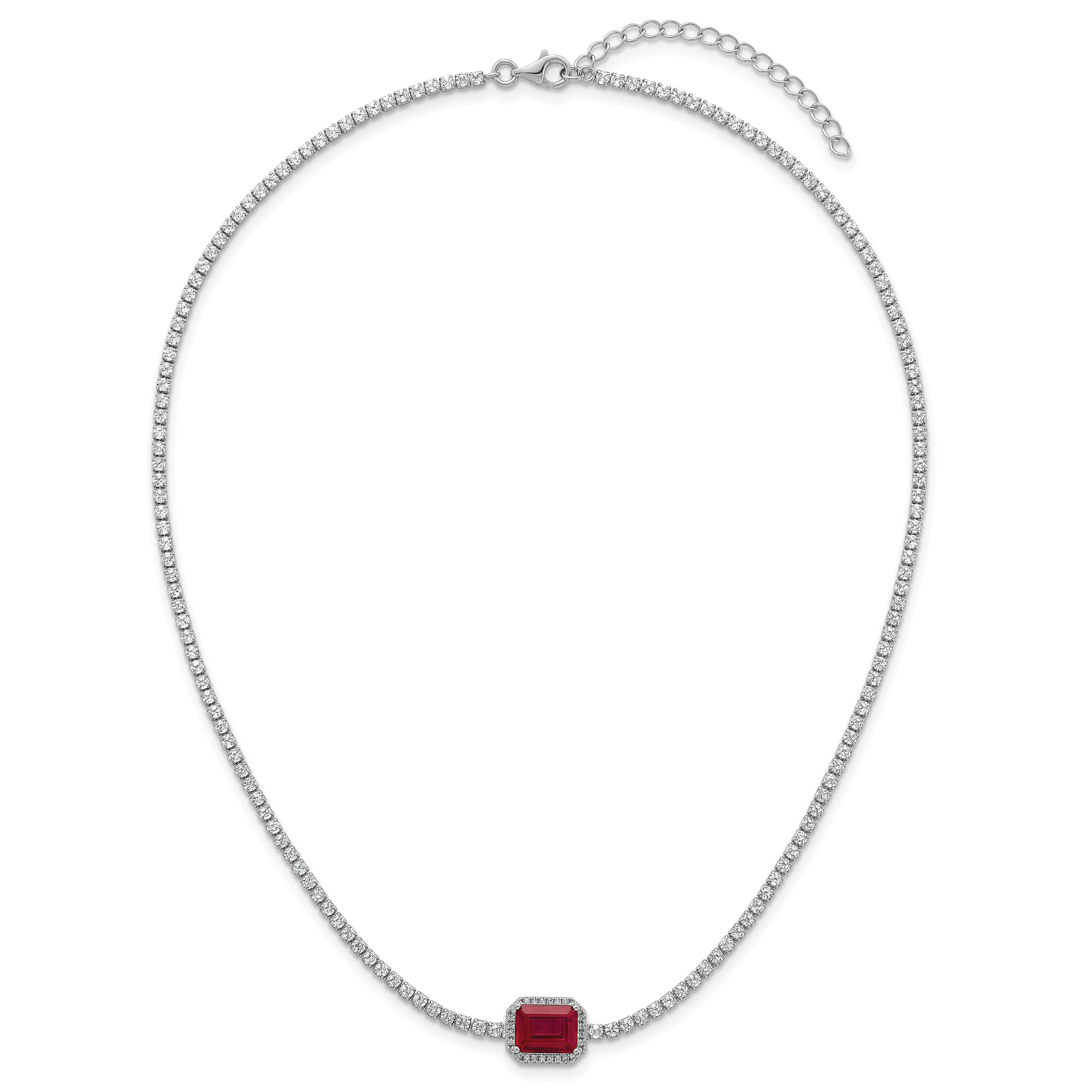 Sterling Silver Rhodium-plated Polished Fancy Emerald-cut Red and White CZ Halo 16 Inch with 2 Inch Extension Necklace