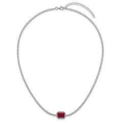 Sterling Silver Rhodium-plated Polished Fancy Emerald-cut Red and White CZ Halo 16 Inch with 2 Inch Extension Necklace