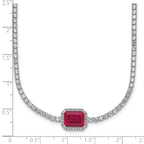 Sterling Silver Rhodium-plated Polished Fancy Emerald-cut Red and White CZ Halo 16 Inch with 2 Inch Extension Necklace