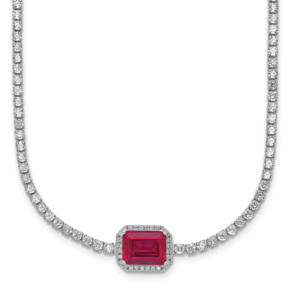 Sterling Silver Rhodium-plated Polished Fancy Emerald-cut Red and White CZ Halo 16 Inch with 2 Inch Extension Necklace