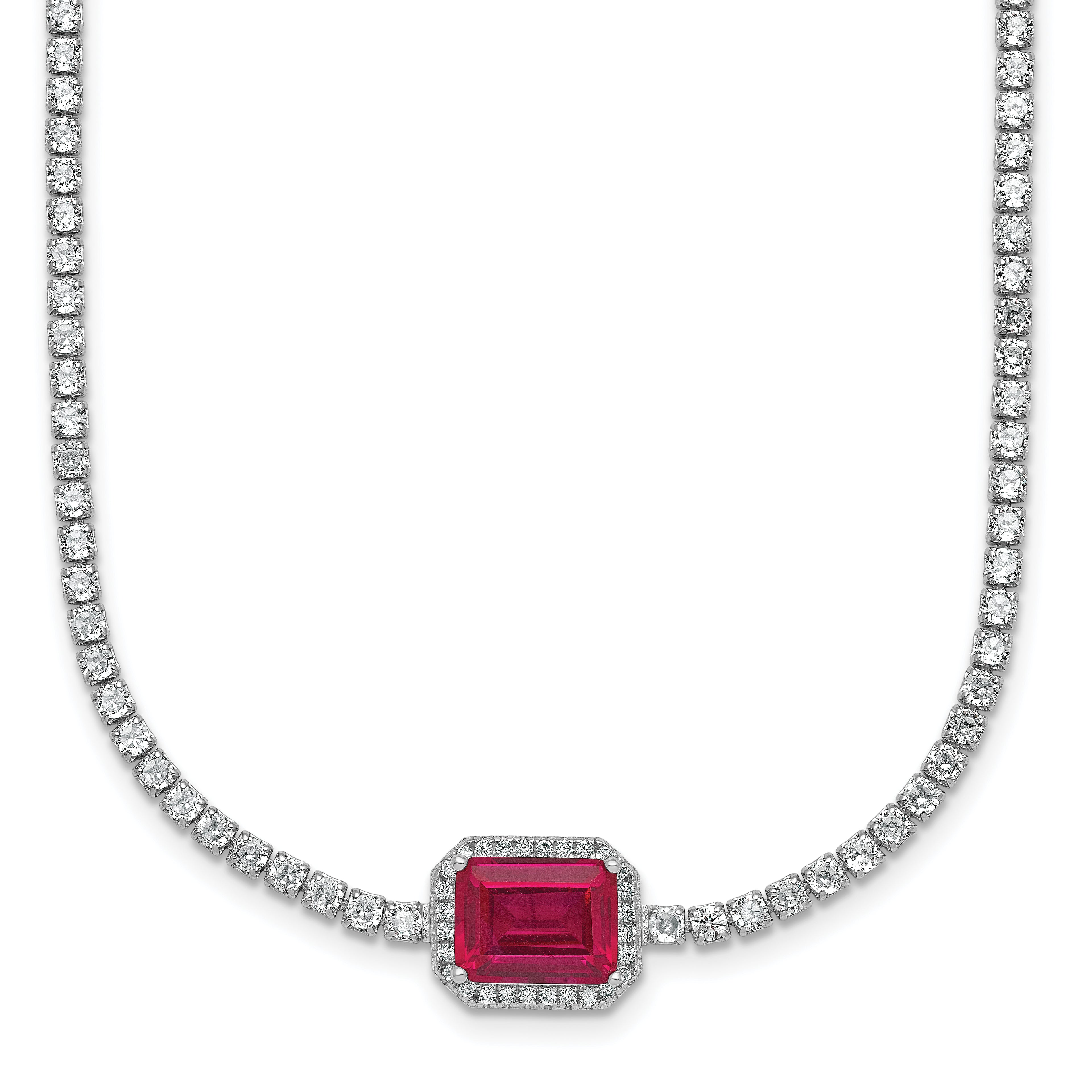 Sterling Silver Rhodium-plated Polished Fancy Emerald-cut Red and White CZ Halo 16 Inch with 2 Inch Extension Necklace